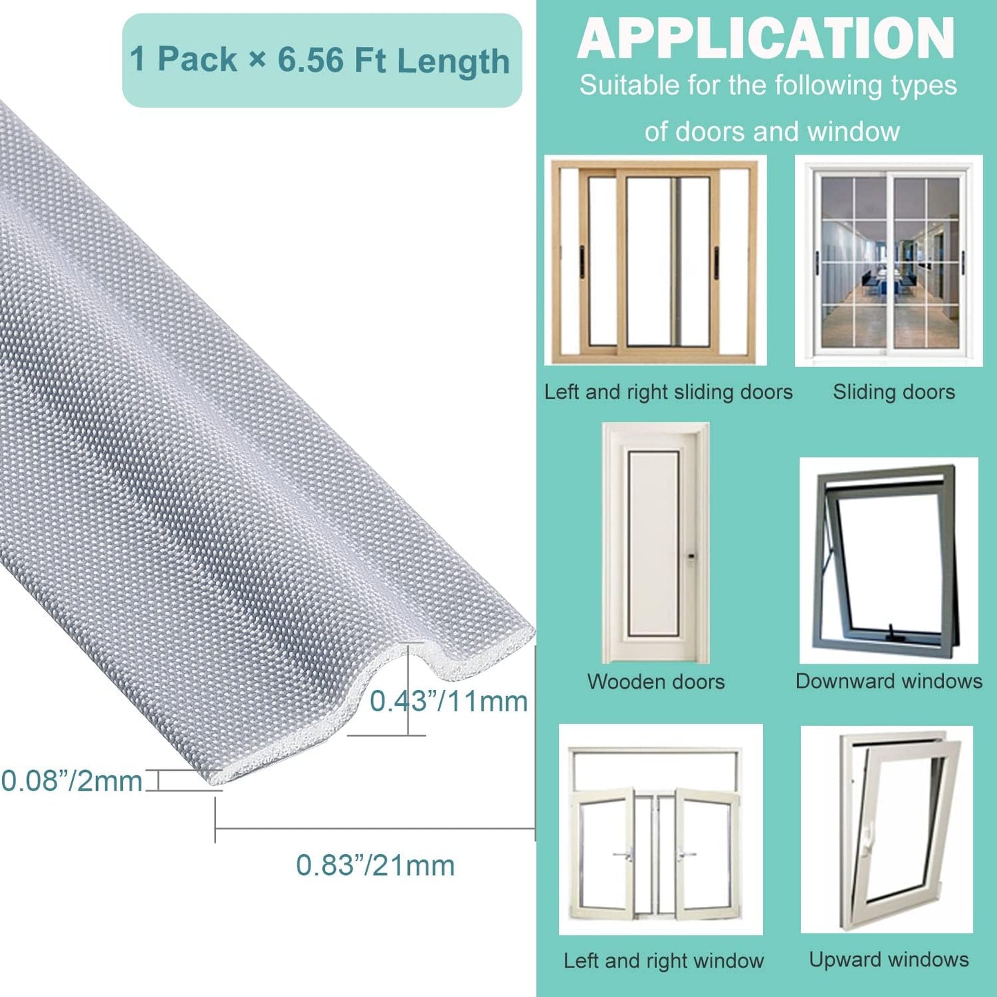 Draft Stopper Sweep, Door Weatherproofing Stripping, Window Seal Strip Self-adhisive Soundproof Cuttable Weather Length 6.56Ft - Grey