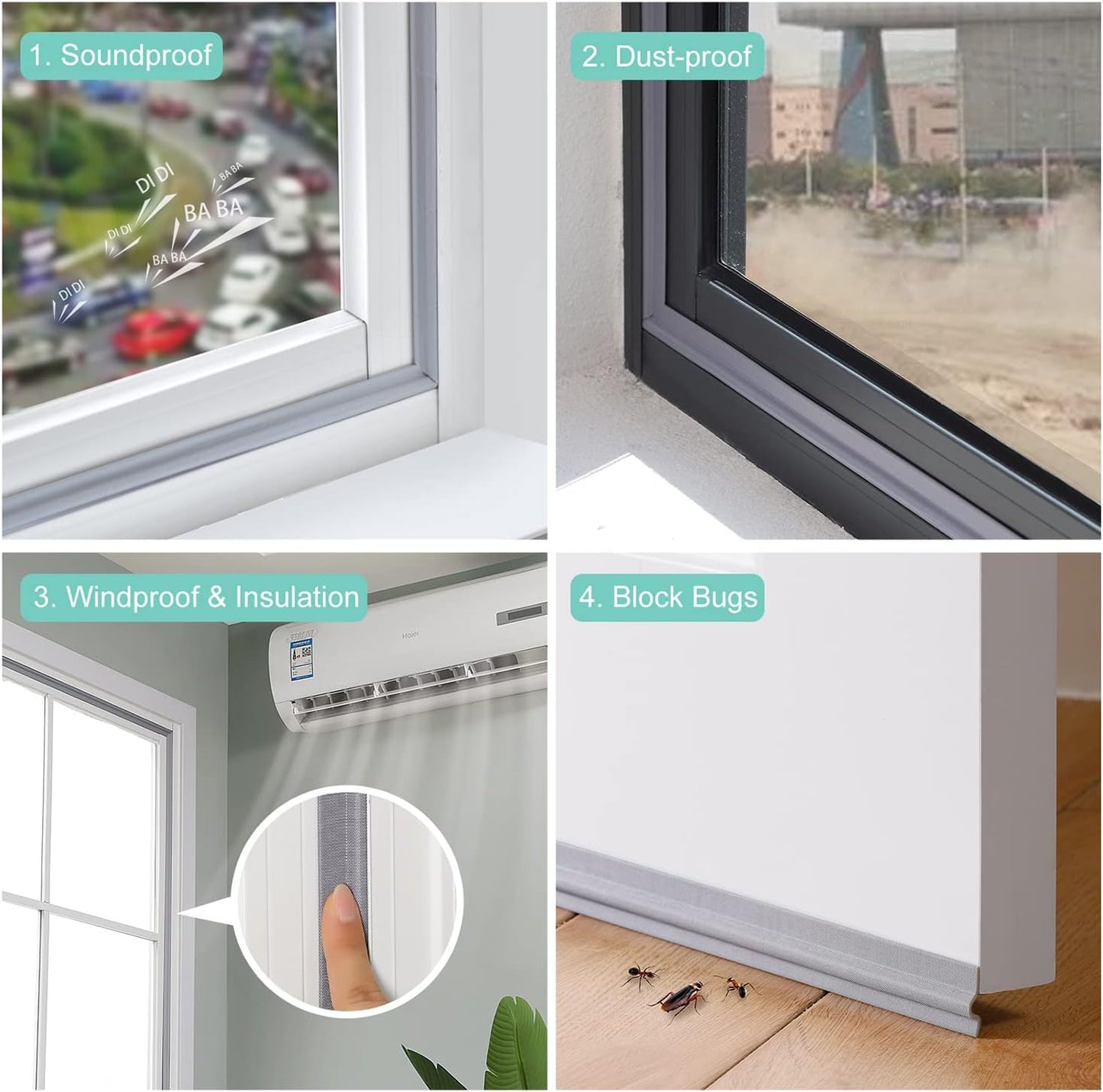 Draft Stopper Sweep, Door Weatherproofing Stripping, Window Seal Strip Self-adhisive Soundproof Cuttable Weather Length 6.56Ft - Grey