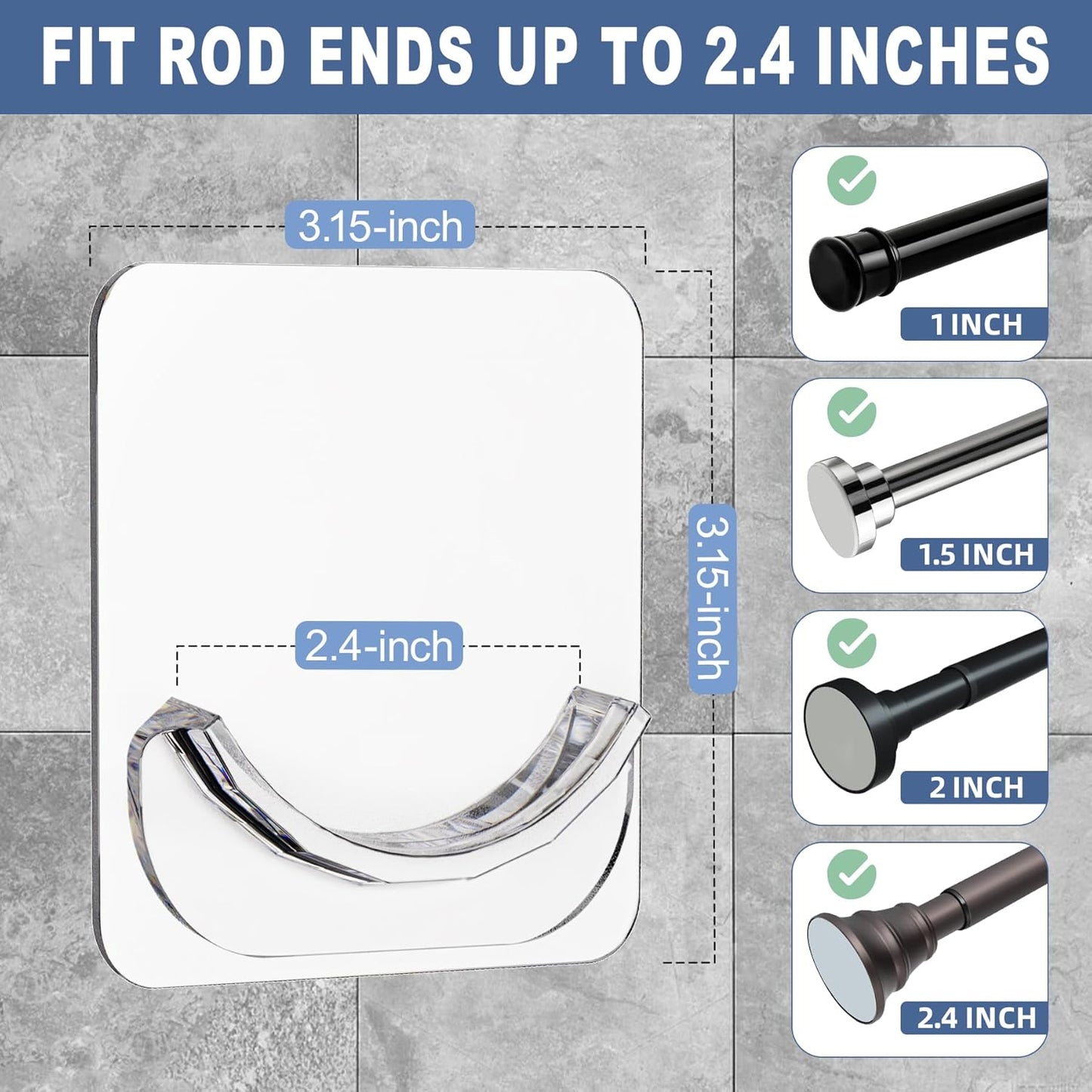 2 Pack Adhesive Curtain Rod Holders, No Drilling Shower Curtain Tension Rod Support Holder, Transparent Clear Durable Bathroom Rod Bracket