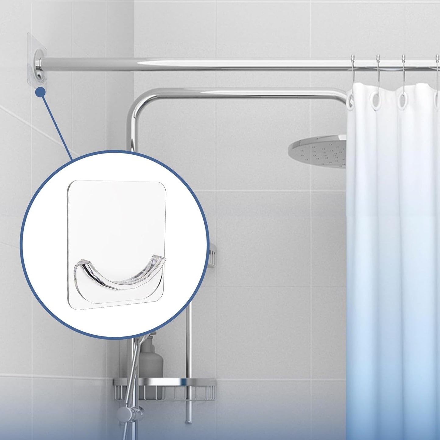 2 Pack Adhesive Curtain Rod Holders, No Drilling Shower Curtain Tension Rod Support Holder, Transparent Clear Durable Bathroom Rod Bracket