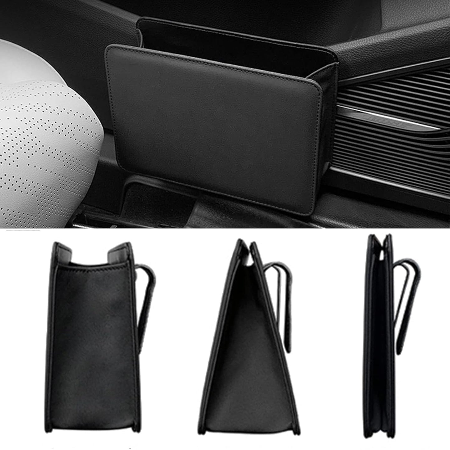 Car Trash Can, Leather Vehicle Trash Bin Car Dustbin Garbage Organizer Holder with 30 Pcs Trash Bags, Foldable Hanging Mini Cars Storage Bag Container for Auto, SUV (Black)