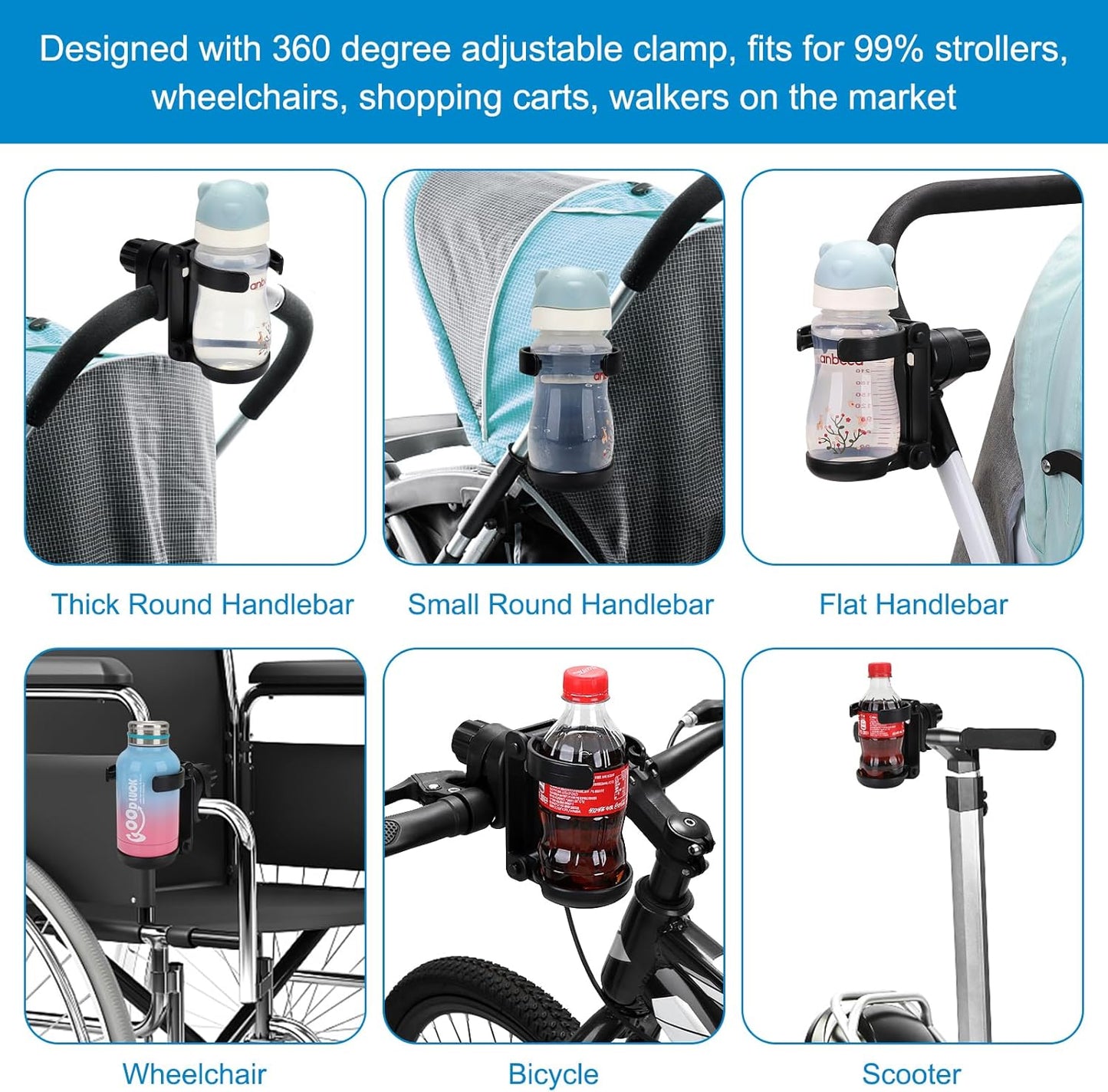 Stroller Cup Holder, Foldable Universal Cup Holder, 360 ° Rotatable Bottle Holder for Stroller, Bike, Wheelchair, Walker, Scooter ﻿