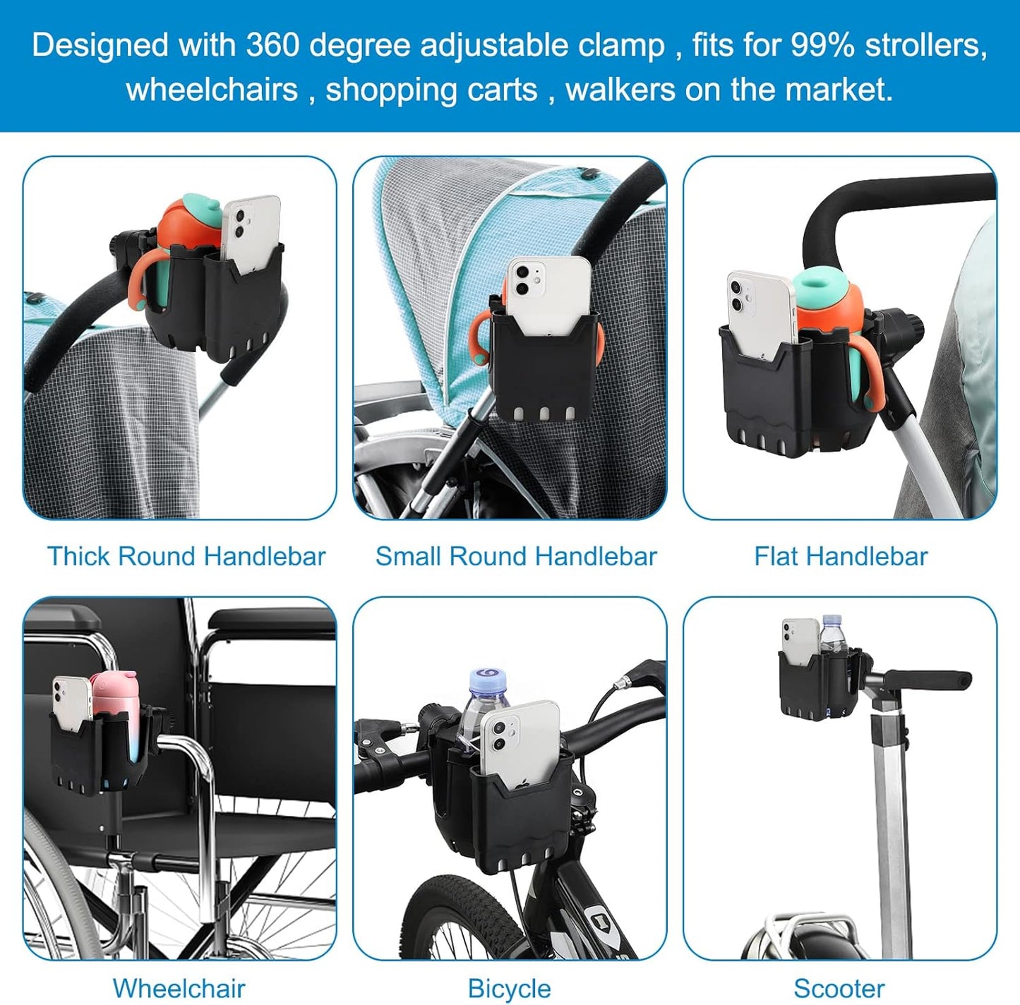 Stroller Cup Holder with Phone Holder, Universal Cup Holder, 2-in-1 Cup Phone Holder for Stroller, Bike, Walker, Wheelchair