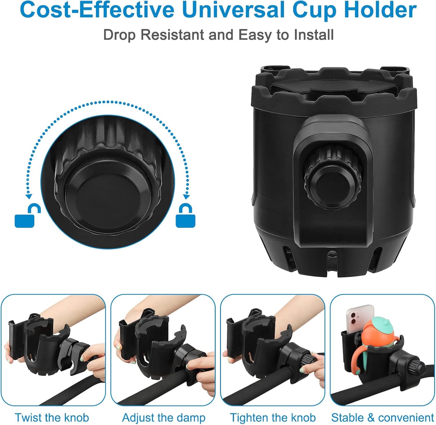 Stroller Cup Holder with Phone Holder, Universal Cup Holder, 2-in-1 Cup Phone Holder for Stroller, Bike, Walker, Wheelchair