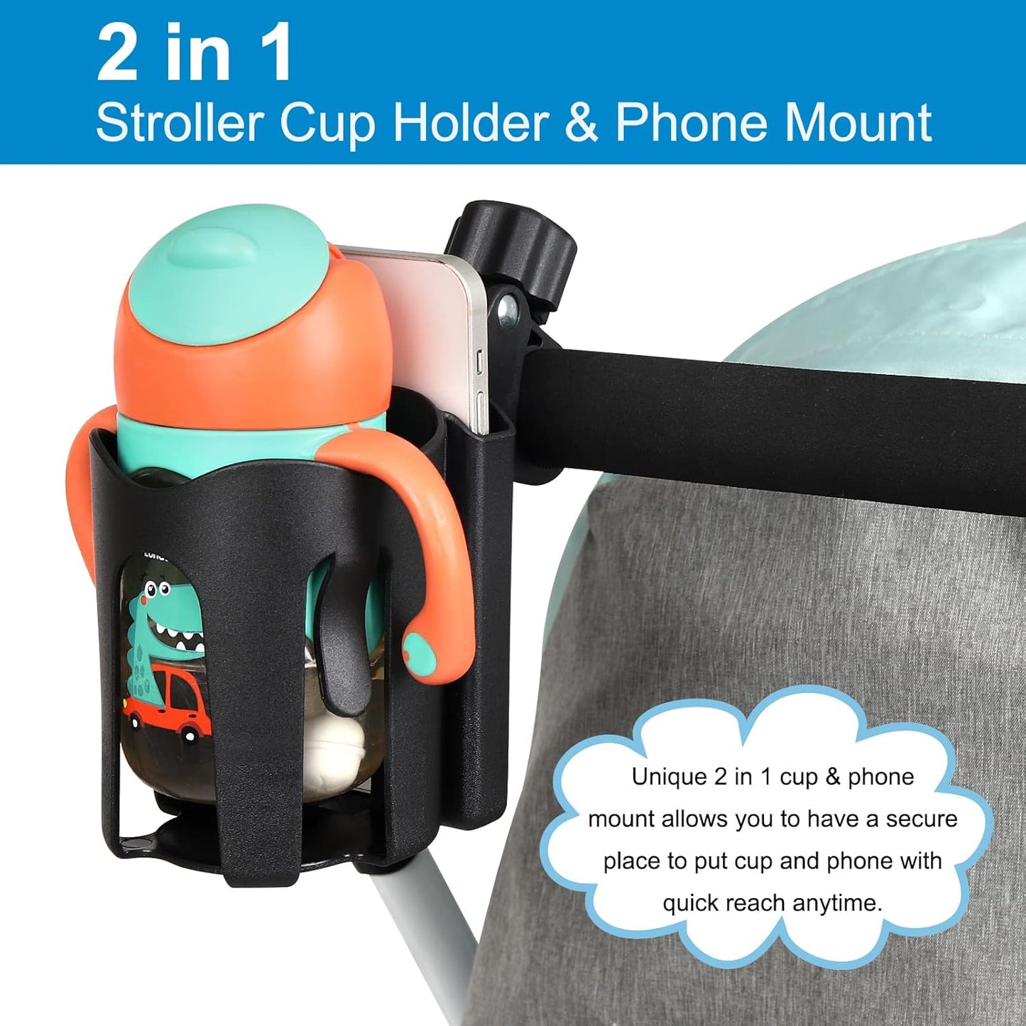 Stroller Cup Holder with Phone Holder, Bike Cup Holder, 2-in-1 Universal Cup Holder for Stroller, Bike, Pushchair, Rollator, Wheelchair, Walker, Scooter