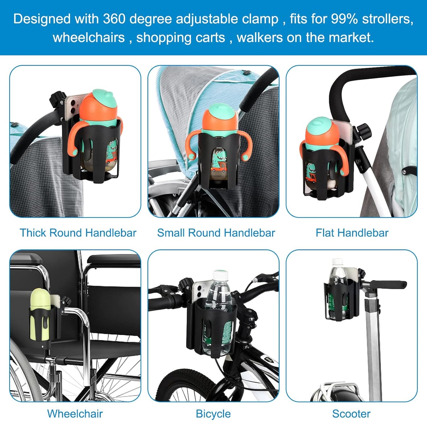Stroller Cup Holder with Phone Holder, Bike Cup Holder, 2-in-1 Universal Cup Holder for Stroller, Bike, Pushchair, Rollator, Wheelchair, Walker, Scooter