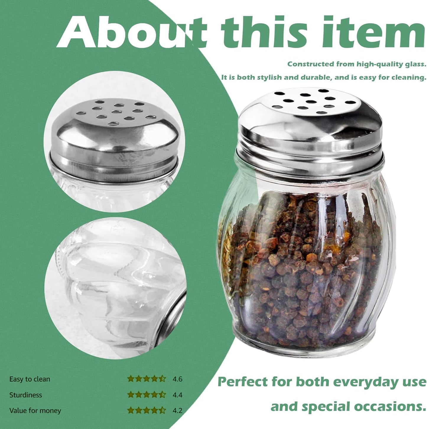 Salt and Pepper Shakers with Stainless Tops Set of 2 (Chesse Shakers)