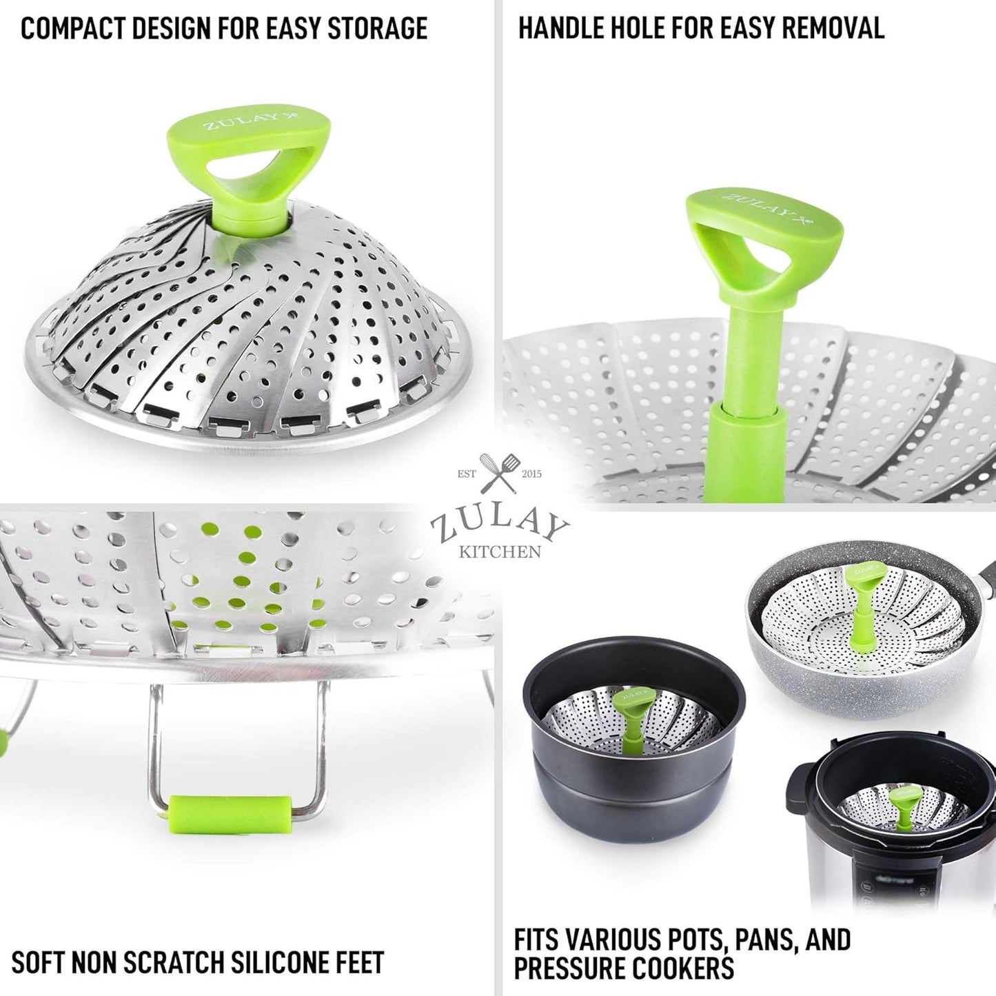 Zulay Adjustable Vegetable Steamer Baskets For Cooking - Foldable Steamer Basket (5.1" to 9") - Expandable Vegetable Steamer Basket Stainless Steel Fits Various Size Pots, Pans, & Pressure Cookers