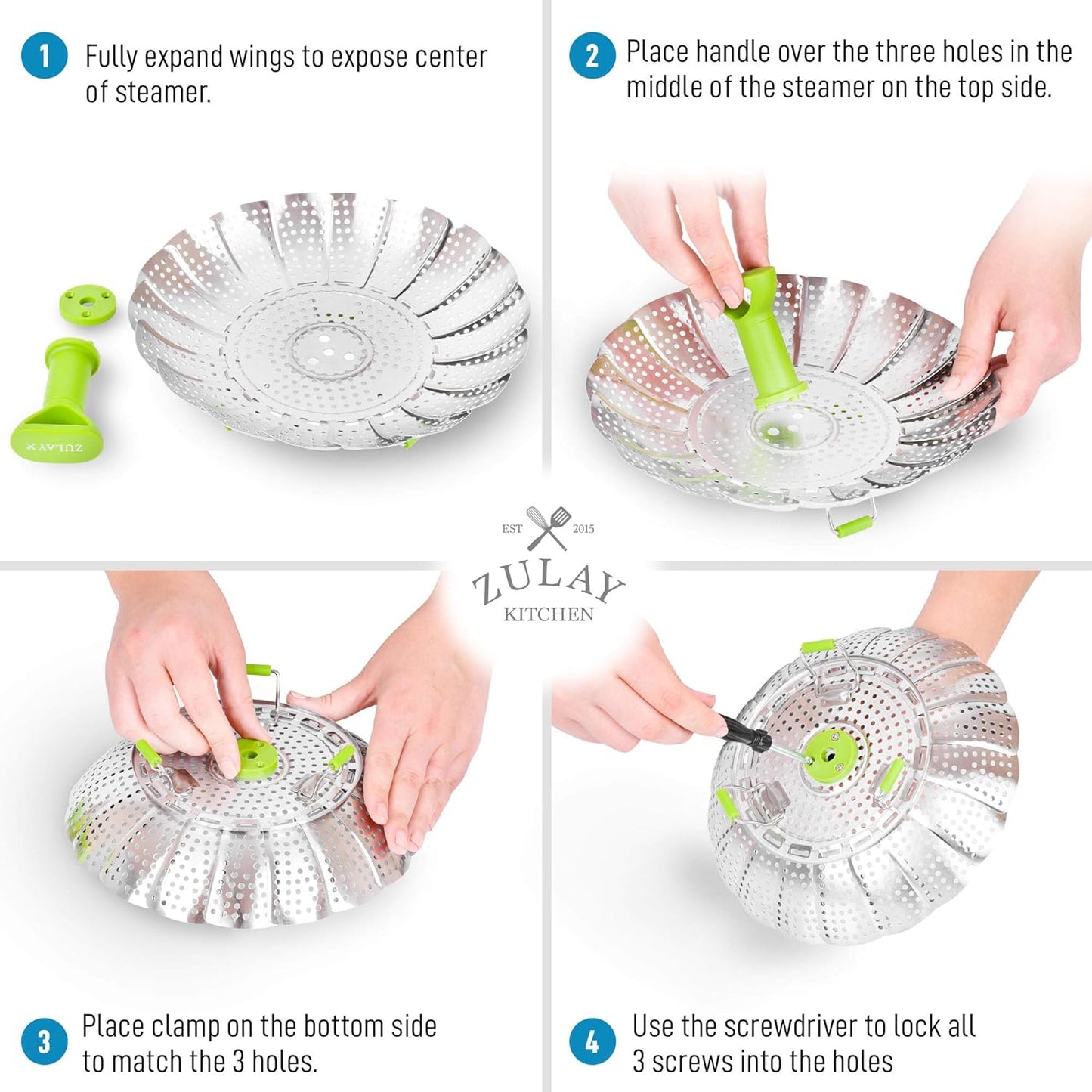 Zulay Adjustable Vegetable Steamer Baskets For Cooking - Foldable Steamer Basket (5.1" to 9") - Expandable Vegetable Steamer Basket Stainless Steel Fits Various Size Pots, Pans, & Pressure Cookers