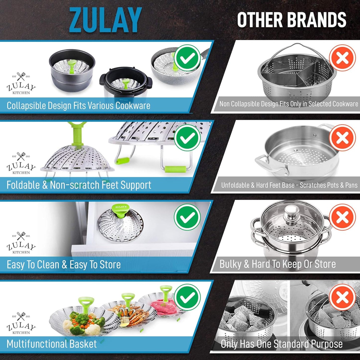 Zulay Adjustable Vegetable Steamer Baskets For Cooking - Foldable Steamer Basket (5.1" to 9") - Expandable Vegetable Steamer Basket Stainless Steel Fits Various Size Pots, Pans, & Pressure Cookers