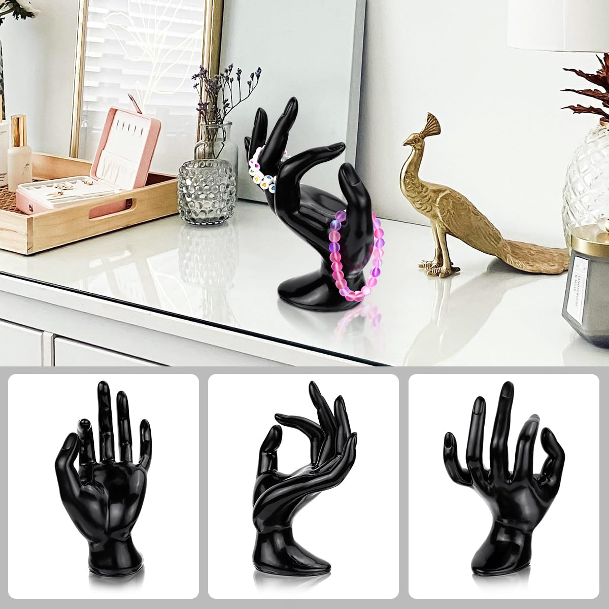 1 Pack Hand Form Ring Holder Mannequin Hand Jewelry Organizer Stand Watch Stand Bracelet Ring Support Aesthetic Rack (Black)
