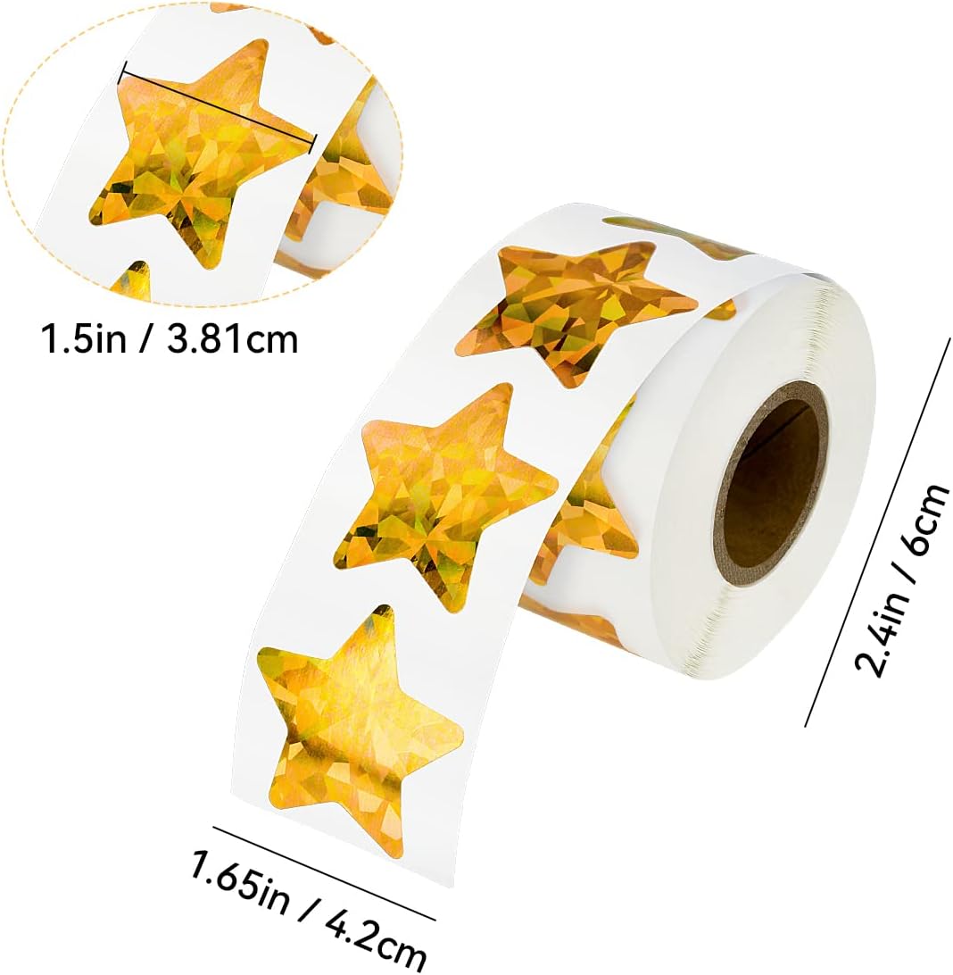 1000 Pcs Large Holographic Gold Star Stickers, 1.5" Star Adhesive Label Stickers, Self Adhesive Metallic Glitter Foil Stickers for Parents, Teachers and Kids Reward