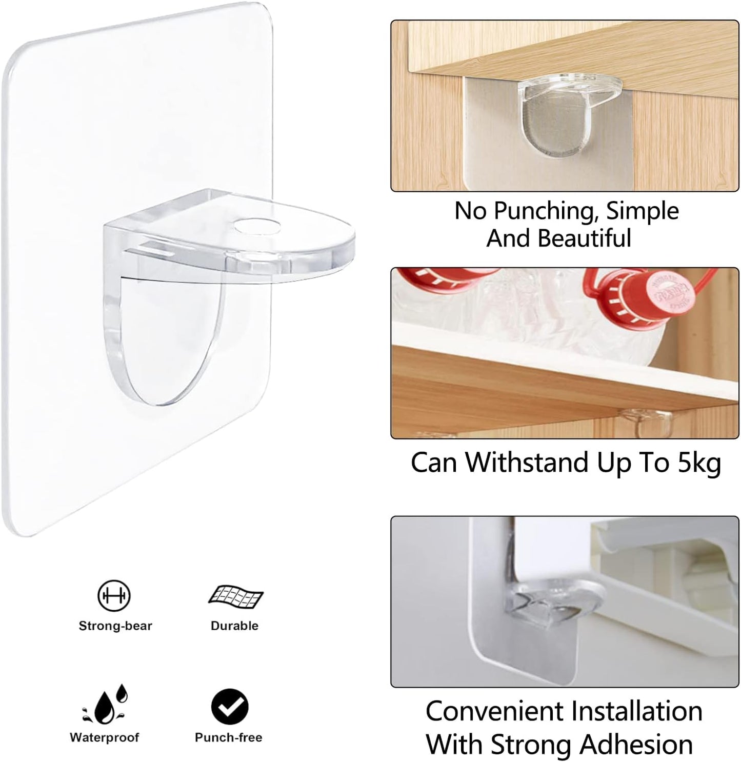 Adhesive Shelf Bracket 2.8" Punch Free Shelf Support Pegs Nail-Free Shelf Support Peg for Shelves, Kitchen Cabinet, Book Closet, Clapboard Layer (24Pcs)