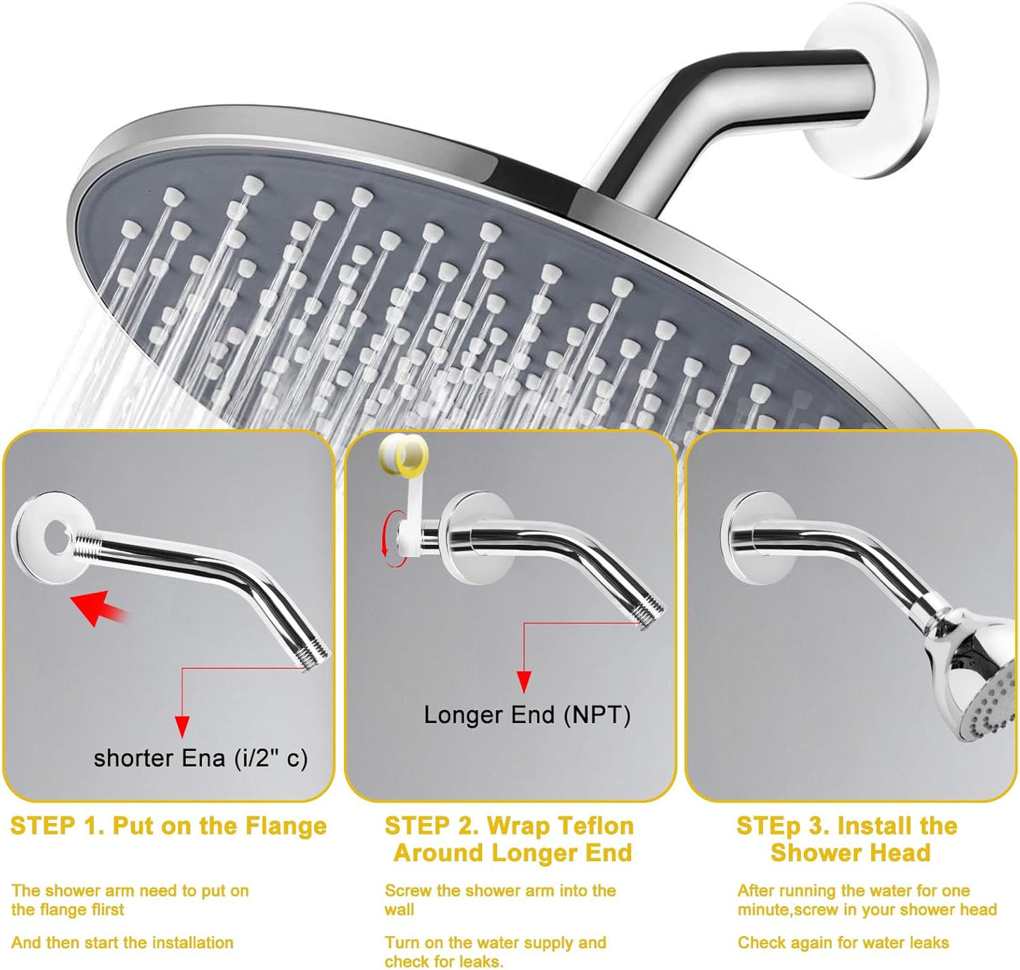 Shower Arm Flange Shower Pipe Arm 6 Inches Shower Head Mount 304 Stainless Steel Shower Handle Replacement Wall Mount Shower Neck for Fixed Shower Head & Handheld Showerhead (Silver)