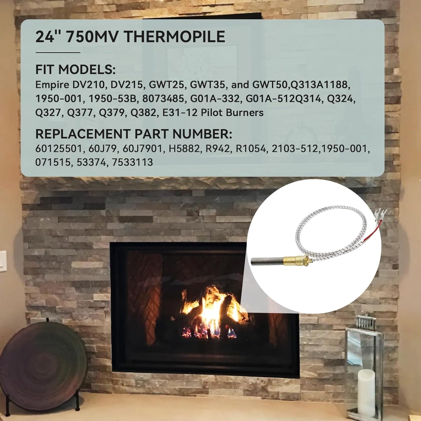 750mv Thermopile for Gas Fireplace, 24” Thermopile Generators Q313A Fit for Stove Gas Ovens/Gas Fireplace/Water Heater, Thermopile Assemblies Replacement (24'' Thermopile)