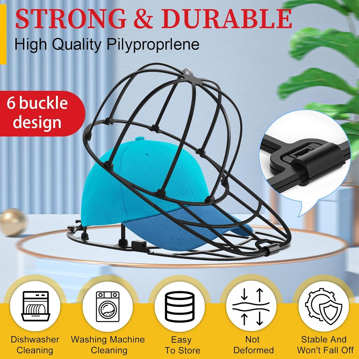 Hat Washer Cage for Washing Machine & Dishwasher- Ball Cap Washer for Baseball Caps & Hats, Baseball Cap Cleaner and Shaper, Fits Adult/Kids Caps (Black)