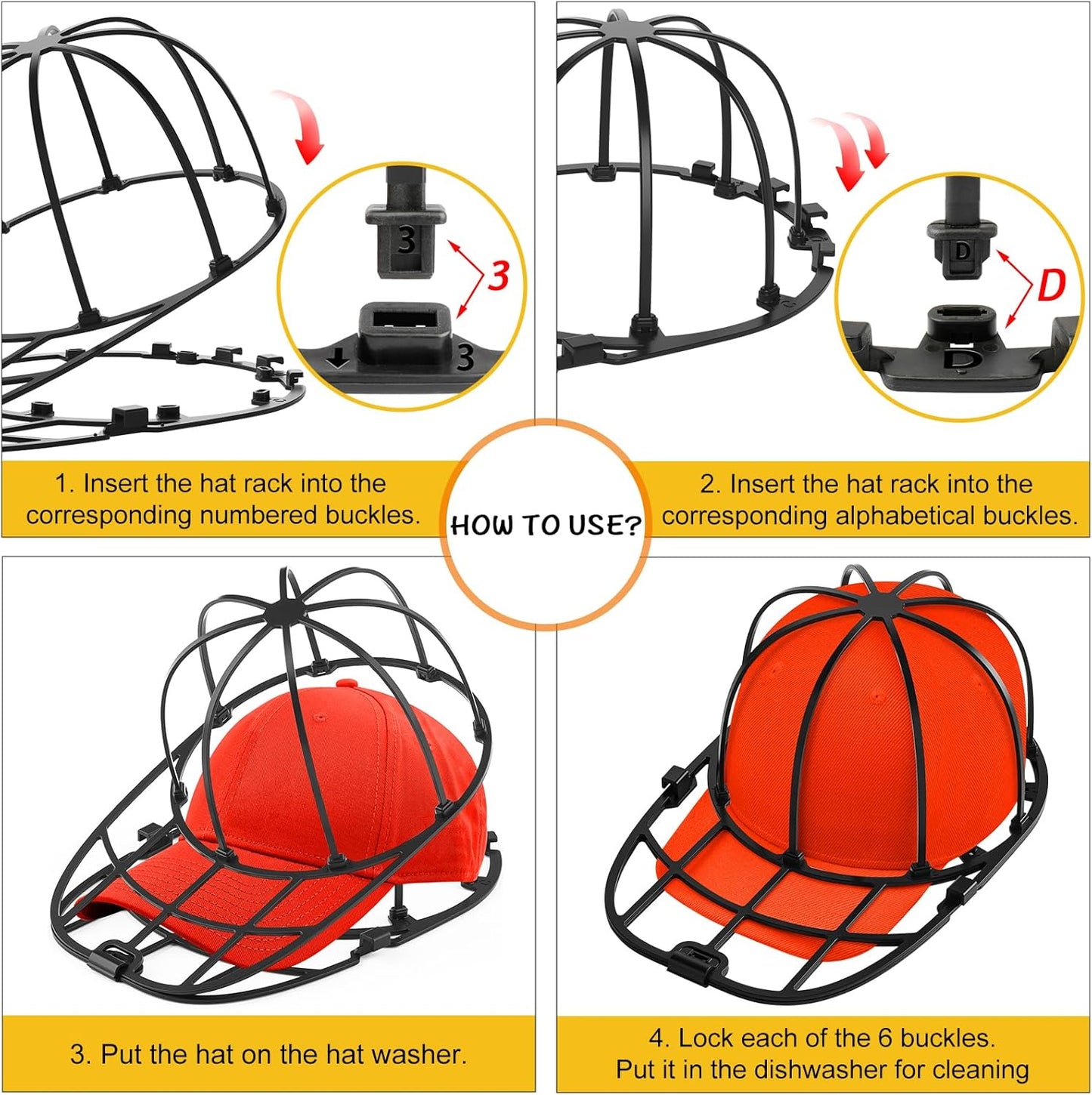 Hat Washer Cage for Washing Machine & Dishwasher- Ball Cap Washer for Baseball Caps & Hats, Baseball Cap Cleaner and Shaper, Fits Adult/Kids Caps (Black)