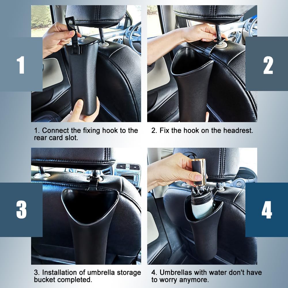 Car Trash Bin & Organizer - Under Seat or Center Console Storage Box with Umbrella Holder - Black - Set of 1
