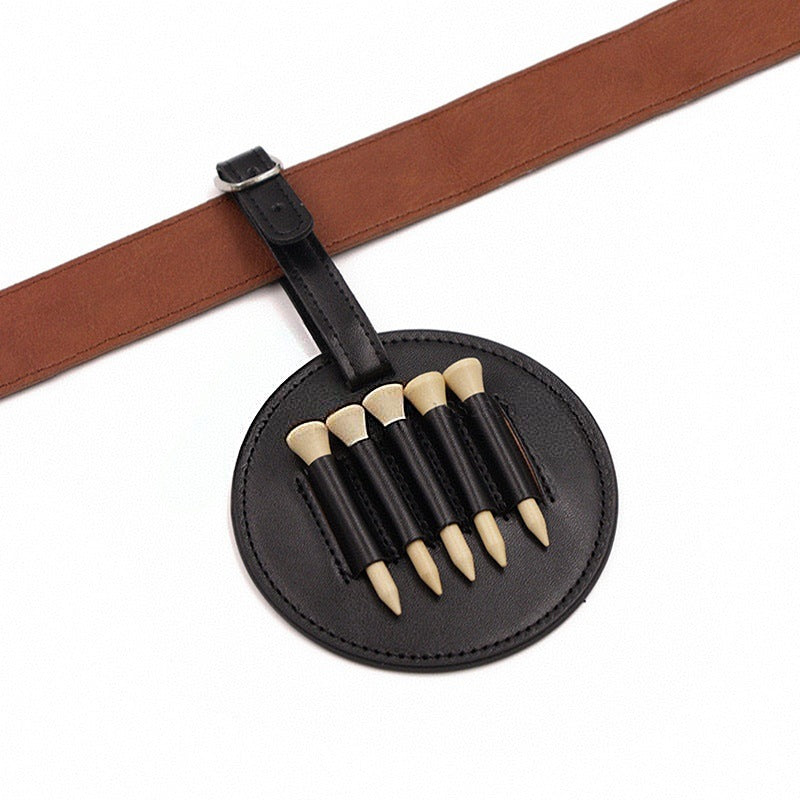 Leather Golf Tee Holder with 5 Wooden Tees 3-1/4 Inch Hook for Golf Bag Strap Hanging