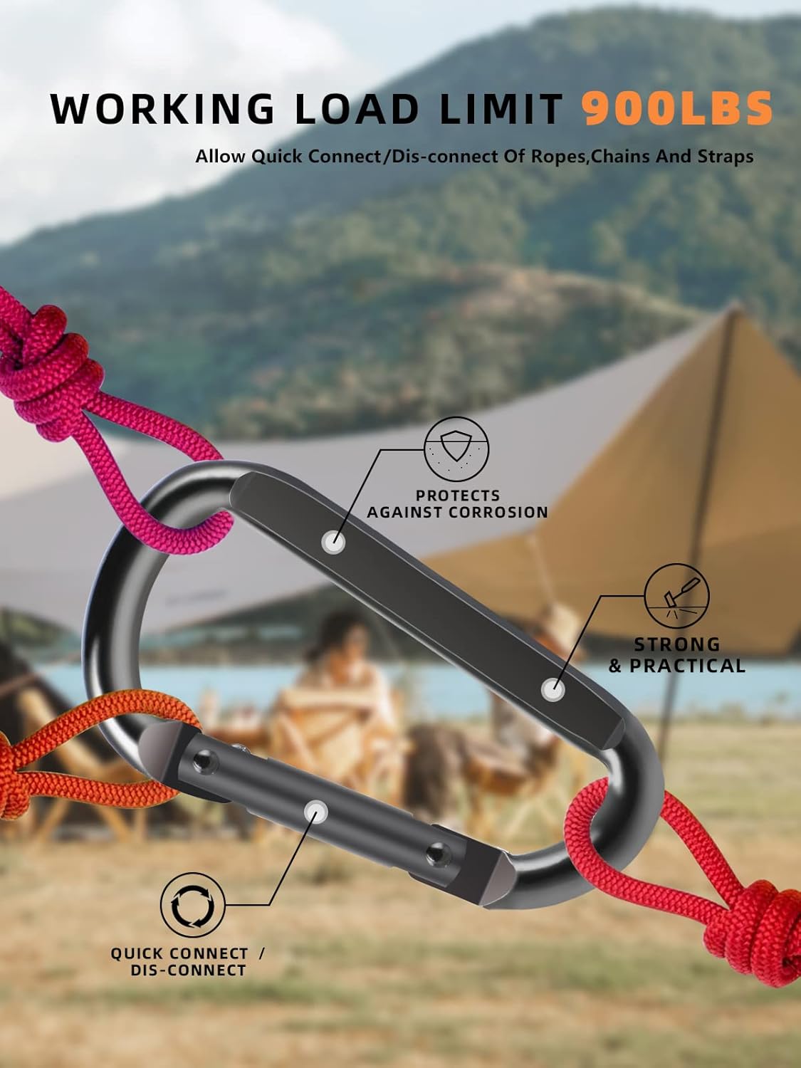 2 Pack Aluminum Black D-Shaped Carabiner 8cm - Camping Outdoor Keychain Clip for Backpack Keys