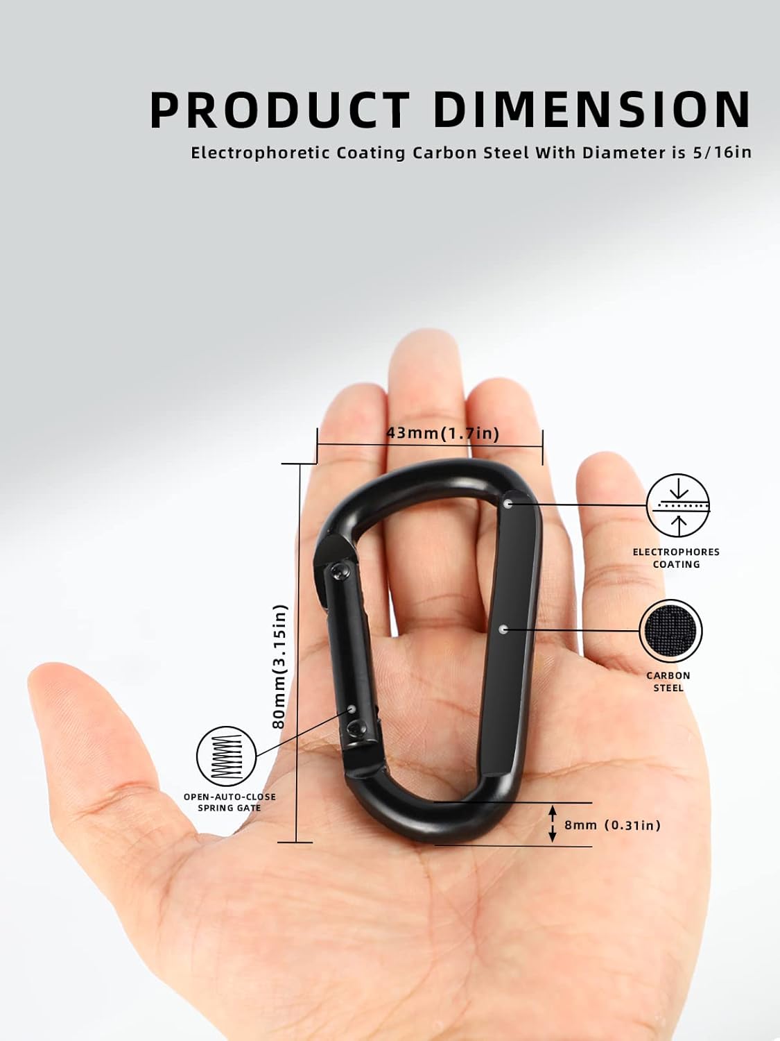 2 Pack Aluminum Black D-Shaped Carabiner 8cm - Camping Outdoor Keychain Clip for Backpack Keys