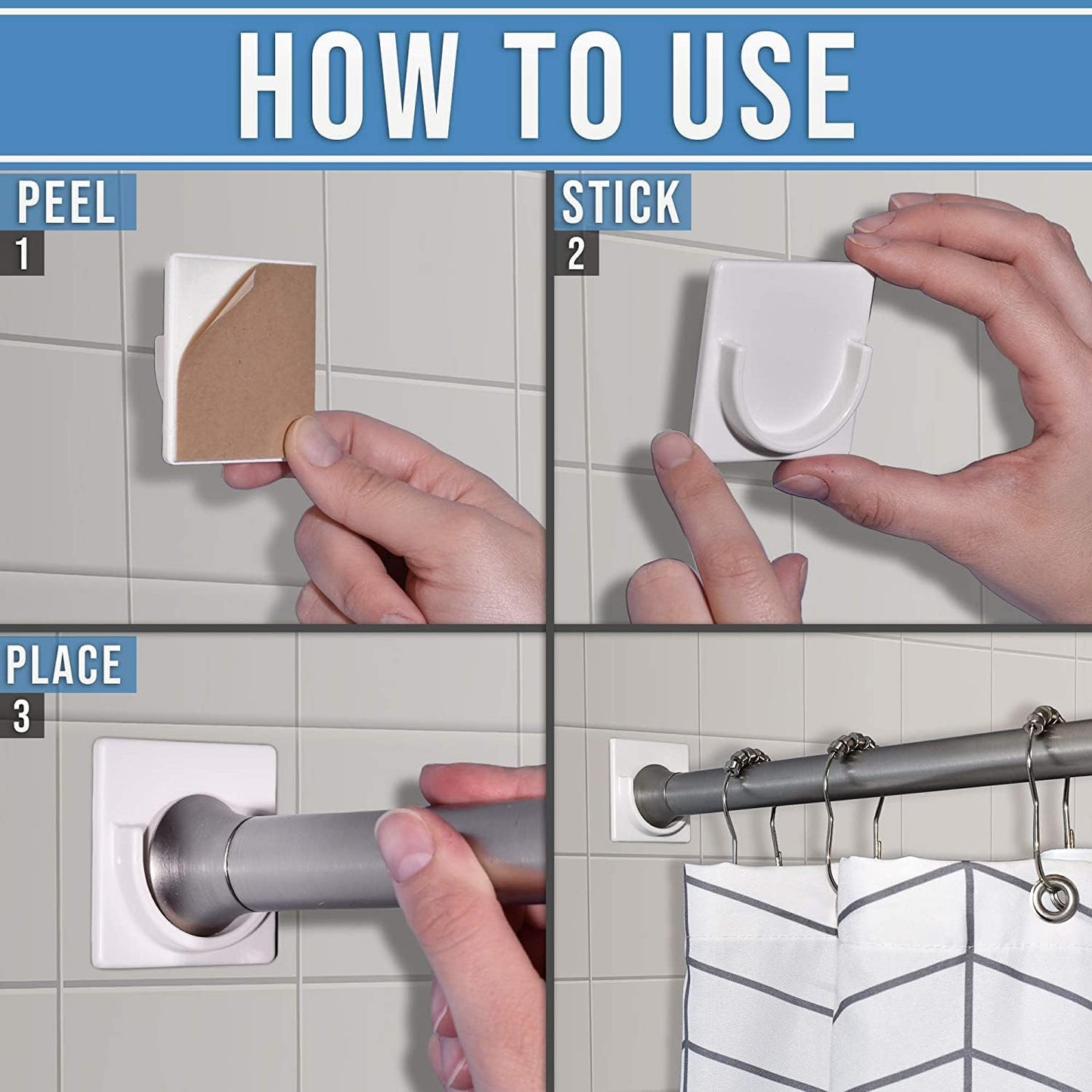 2 Pack White No Drill Shower Curtain Rod Holder Self Adhesive Wall Mounted Bracket