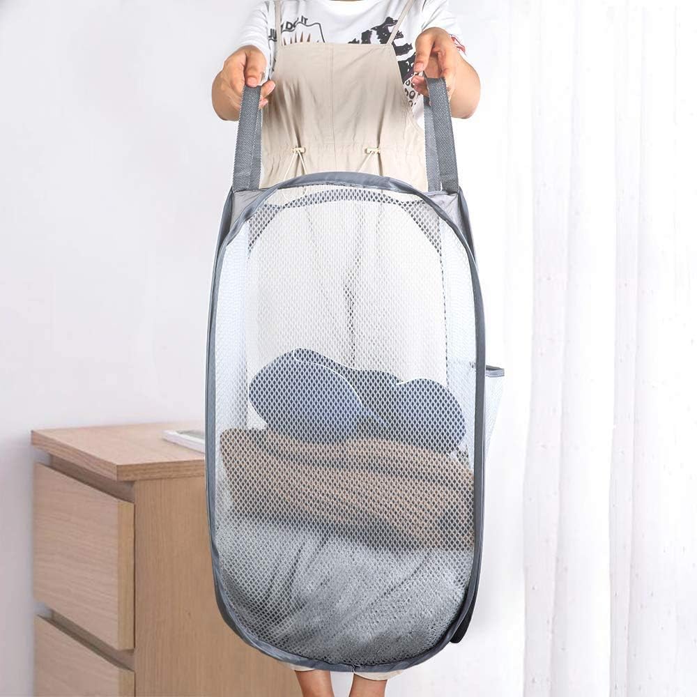 2 Pack Foldable Mesh Laundry Baskets with Reinforced Handles Grey Portable for Home Travel Student Use