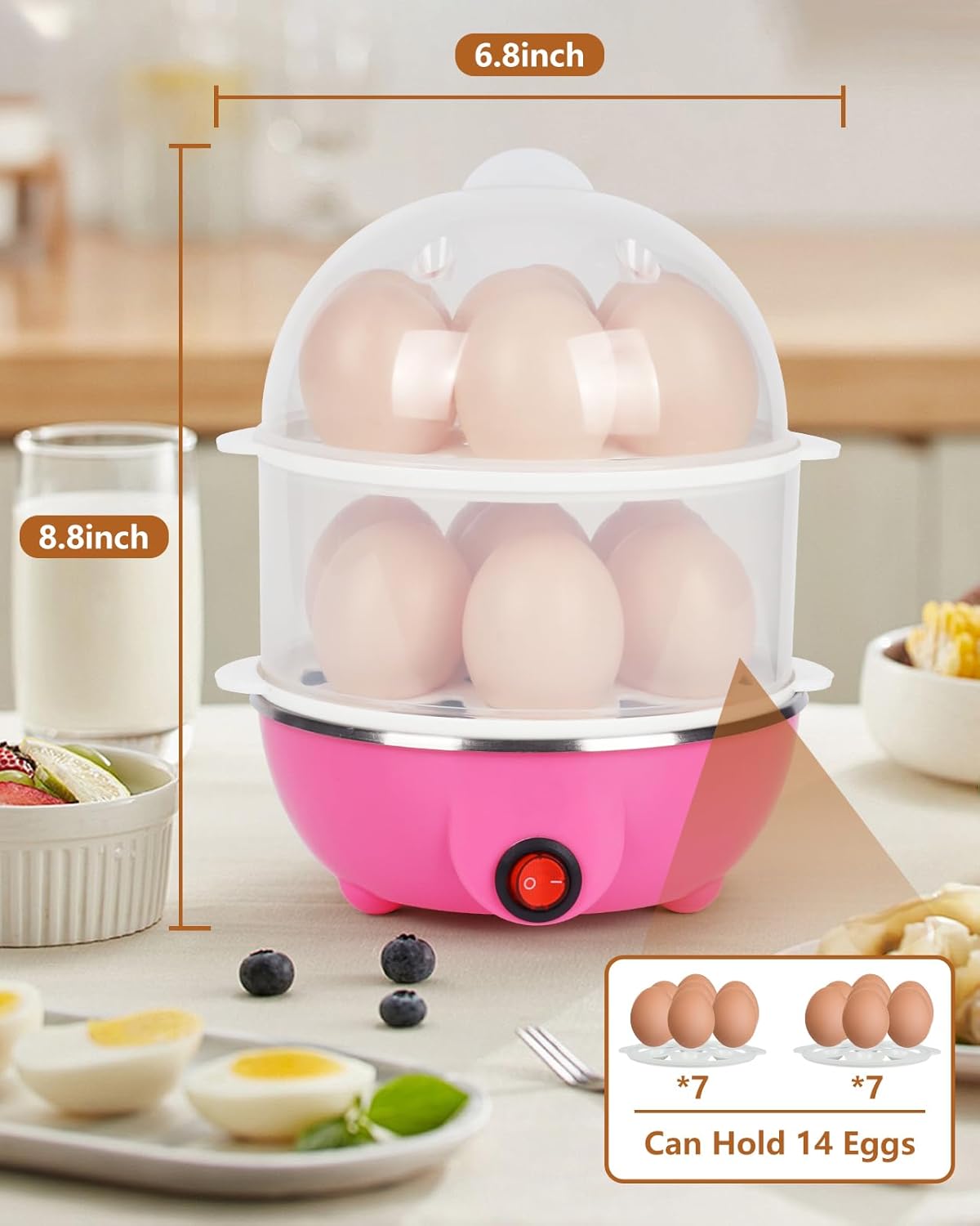 Electric Egg Cooker Steamer with Timer Auto Shut-Off 14 Egg Capacity 350W Double Layer Multifunctional for Milk Food Heating Pink
