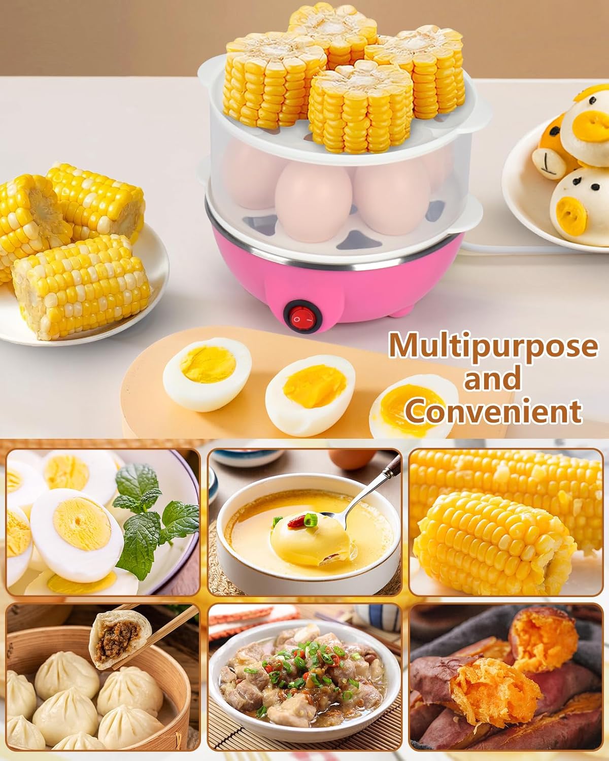 Electric Egg Cooker 14 Egg Capacity Double Layer with Timer Automatic Shut-Off 350W Multifunctional for Steaming Eggs Heating Milk Food Yellow