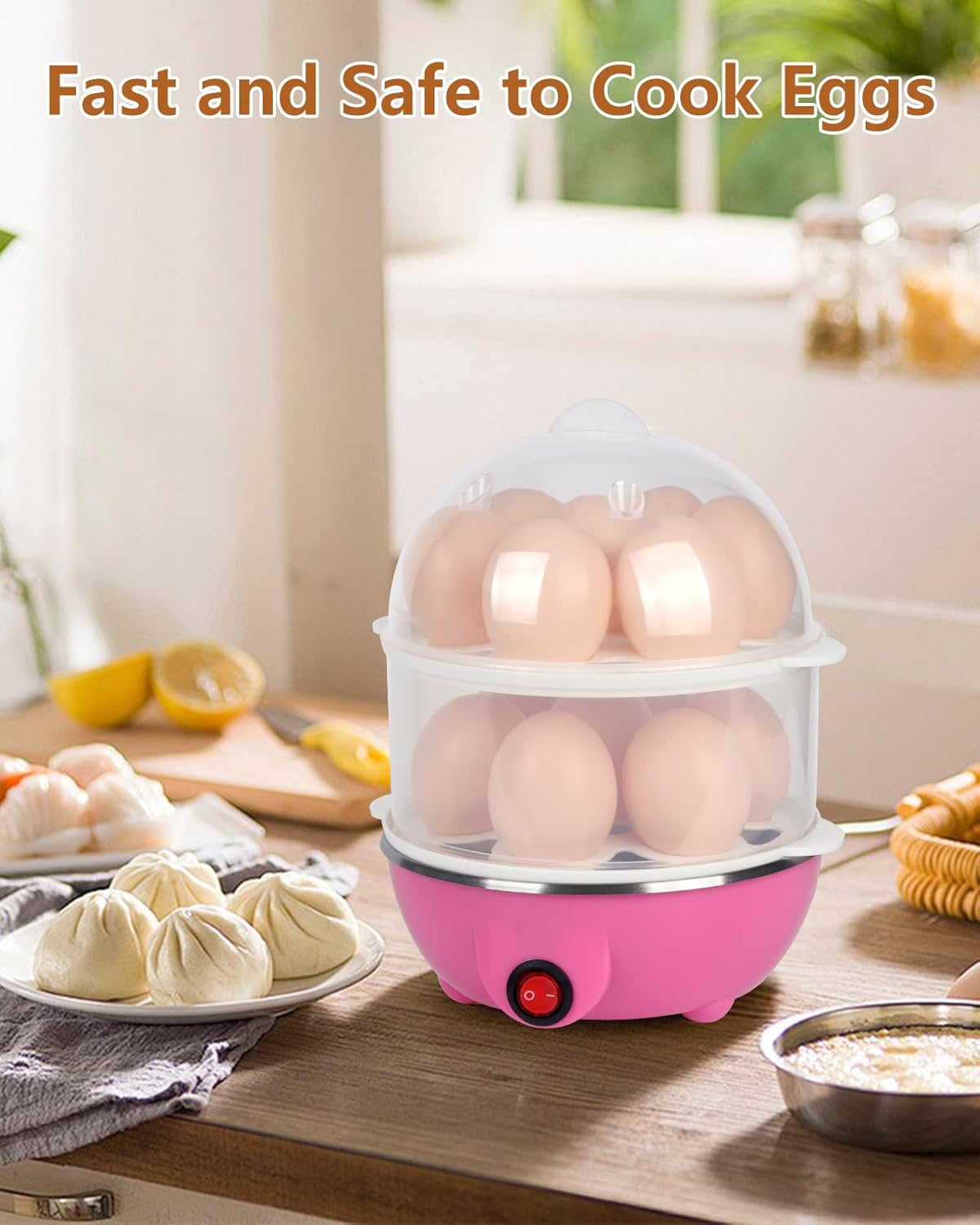 Electric Egg Cooker 14 Egg Capacity Double Layer with Timer Automatic Shut-Off 350W Multifunctional for Steaming Eggs Heating Milk Food Yellow
