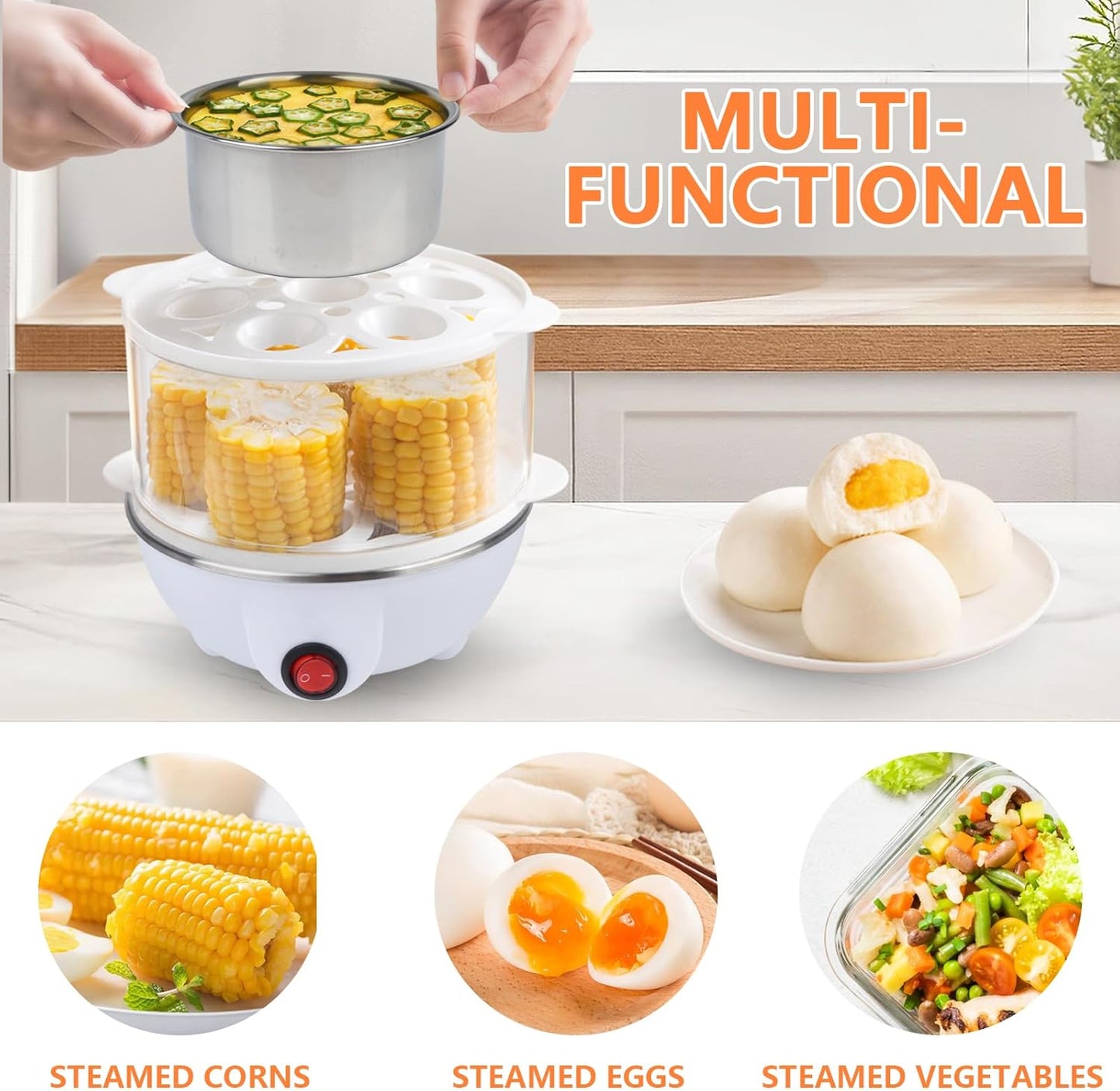 Electric Egg Cooker 14 Eggs Capacity with Timer and Automatic Shut-Off 350W Double Layer Multifunctional Egg Steamer for Milk and Food Heating Blue