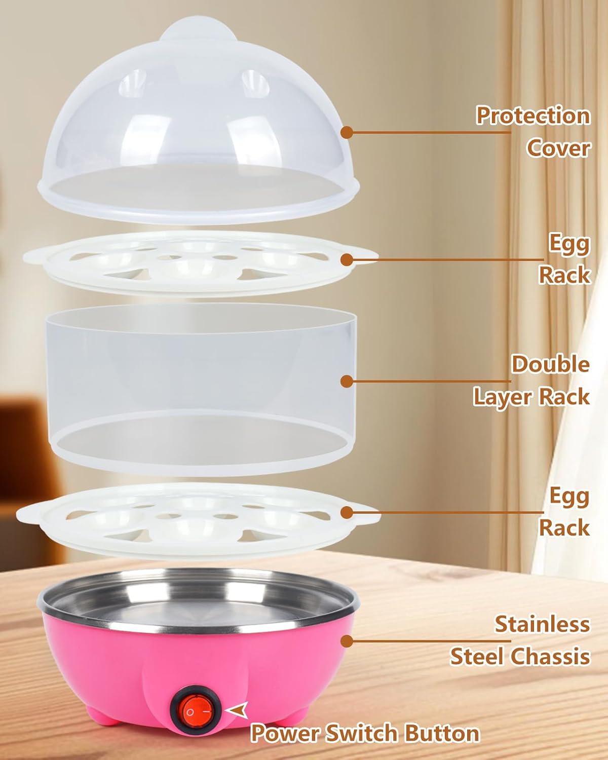 Electric Egg Cooker 14 Egg Capacity Double Layer with Auto Shut-Off Timer 350W Multifunctional for Steaming Eggs Heating Milk Food White
