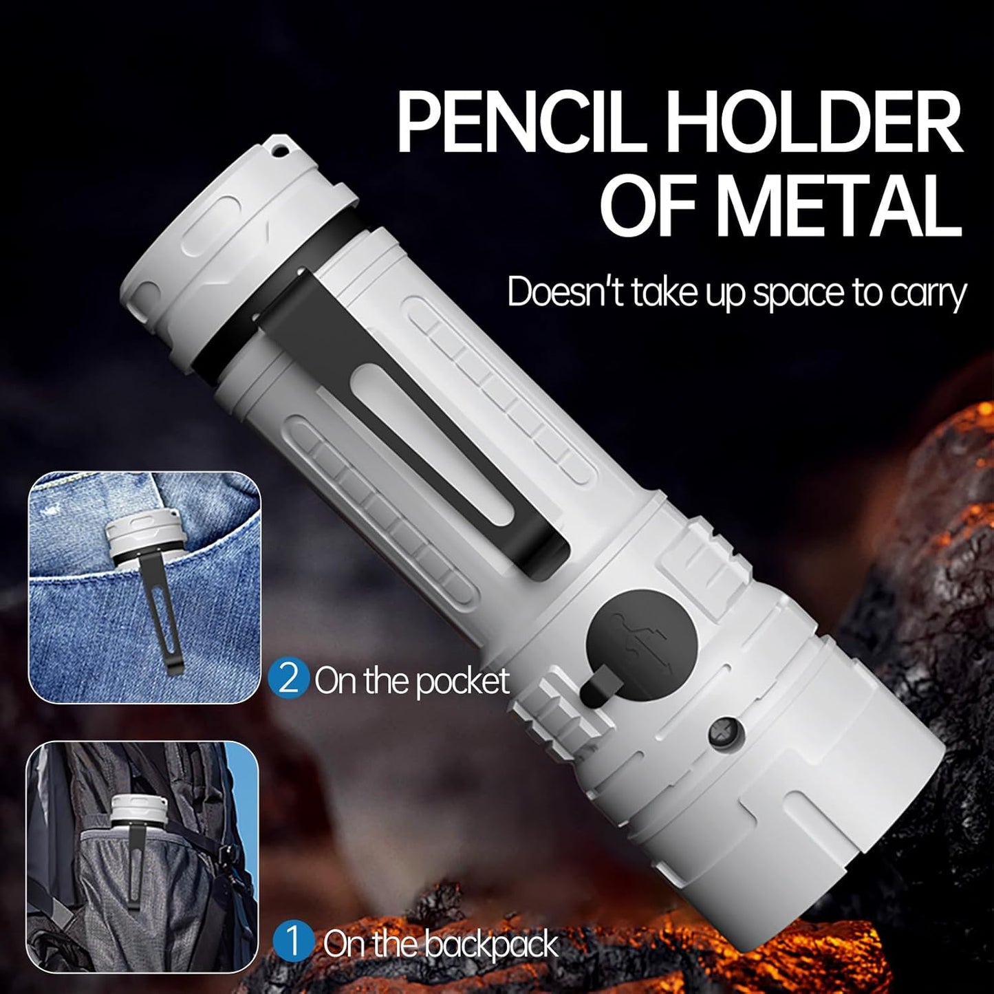 Rechargeable LED Torch - White - 1 Piece - Lightweight Portable Flashlight for Camping Backpacking Hiking