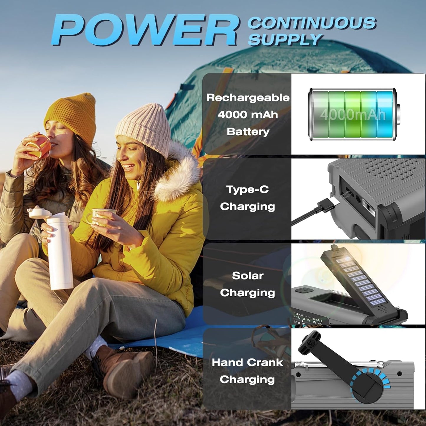 Multi-Colour Solar & Hand Crank Portable Radio 4000mAh Rechargeable Battery Operated Emergency Radio for Indoor Outdoor Use