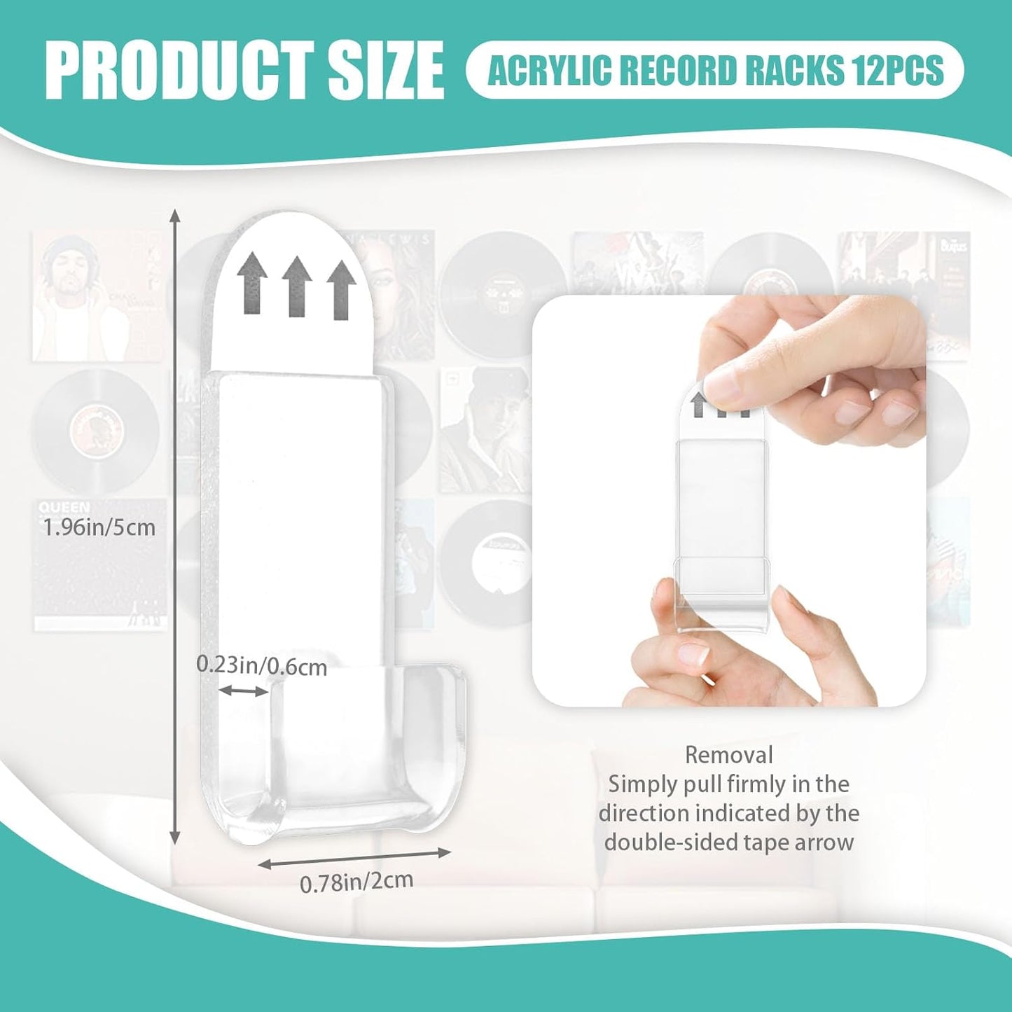 12 Pack Acrylic Transparent Vinyl Record Holder Wall Mount No Drilling Required Display Rack