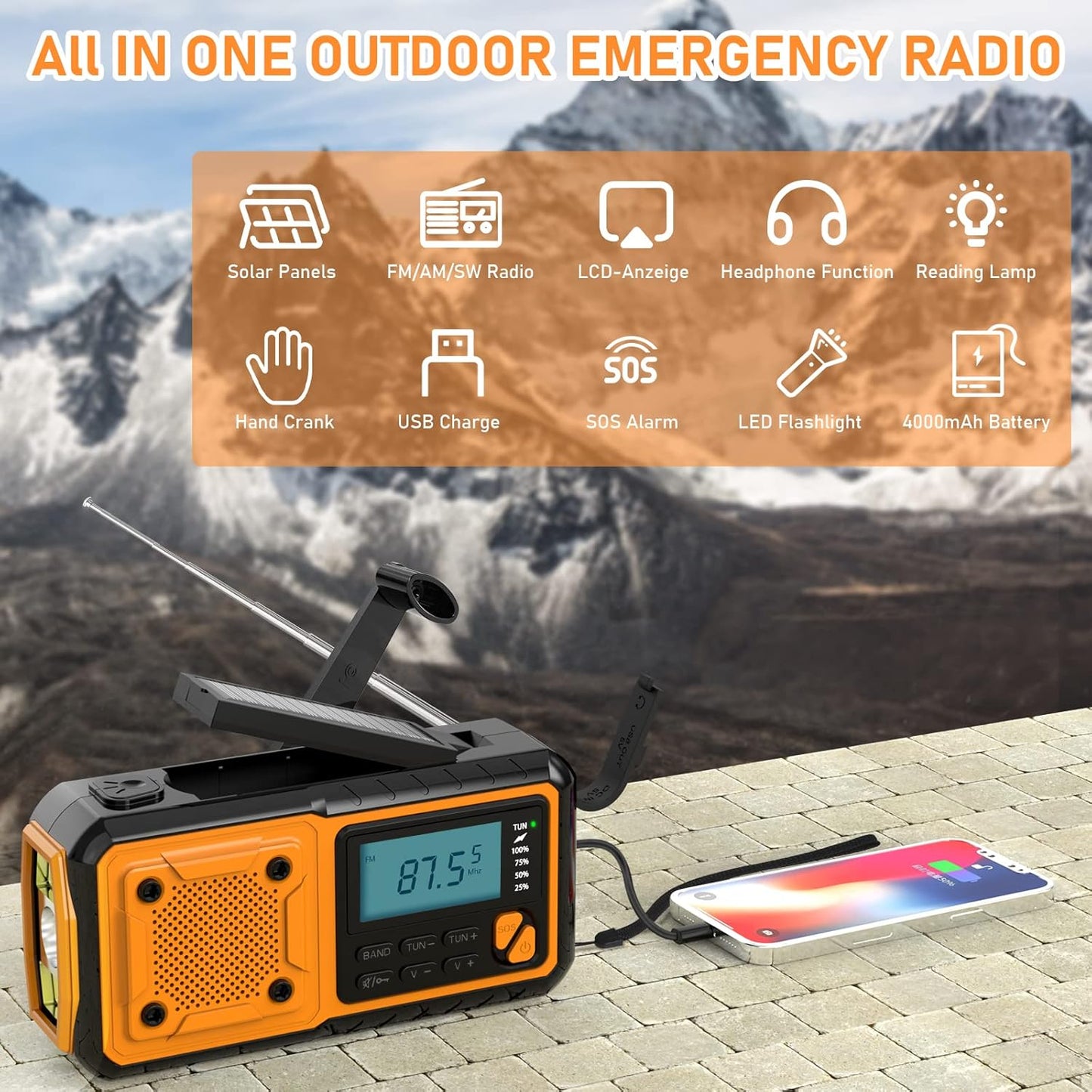 Emergency Radio Flashlight 4000mAh Hand Crank Portable AM/FM Radio for Camping Outdoor Emergencies Orange