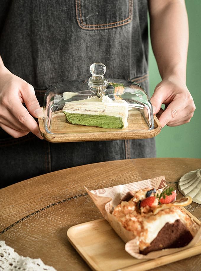 Mini Cake Stand with Glass Dome - Wooden Serving Board for Cupcakes Cheese - Butter Dome as Kitchen Decoration Gift