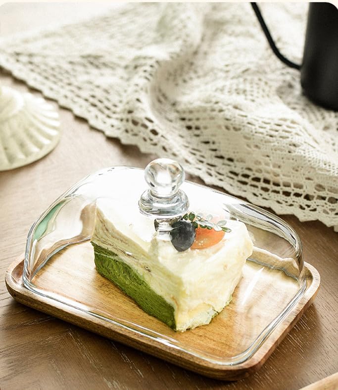 Mini Cake Stand with Glass Dome - Wooden Serving Board for Cupcakes Cheese - Butter Dome as Kitchen Decoration Gift