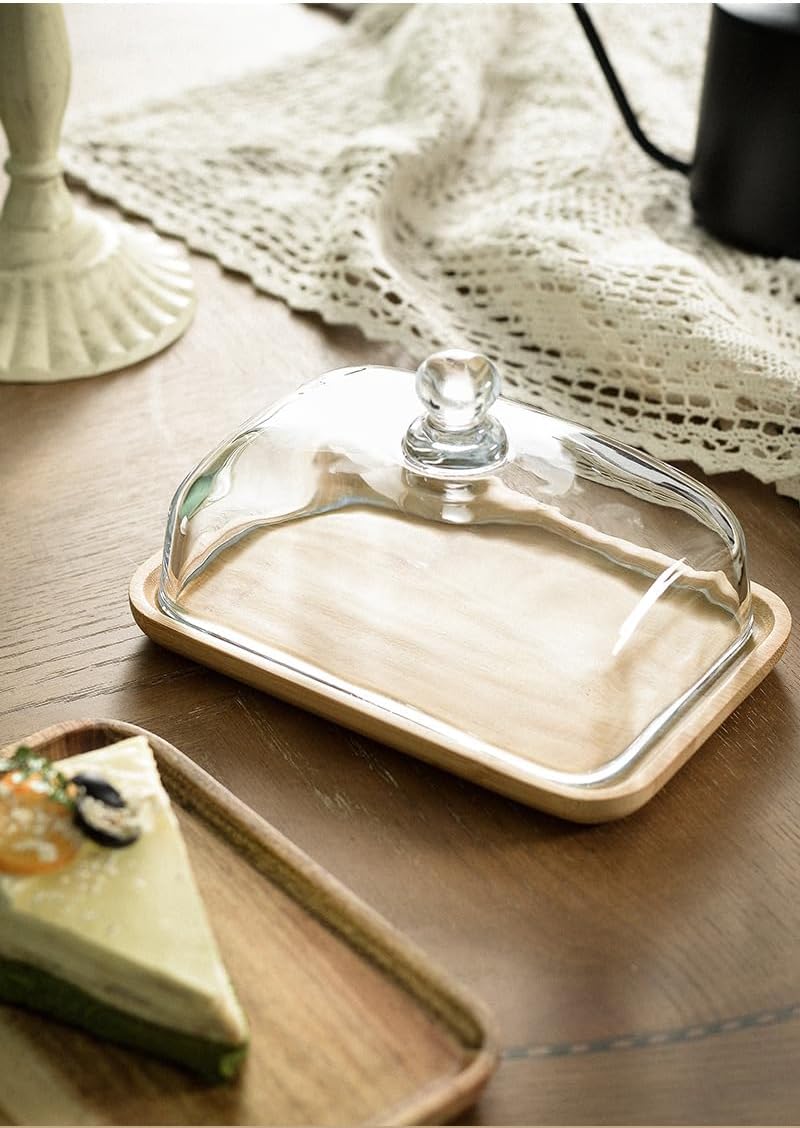 Mini Cake Stand with Glass Dome - Wooden Serving Board for Cupcakes Cheese - Butter Dome as Kitchen Decoration Gift