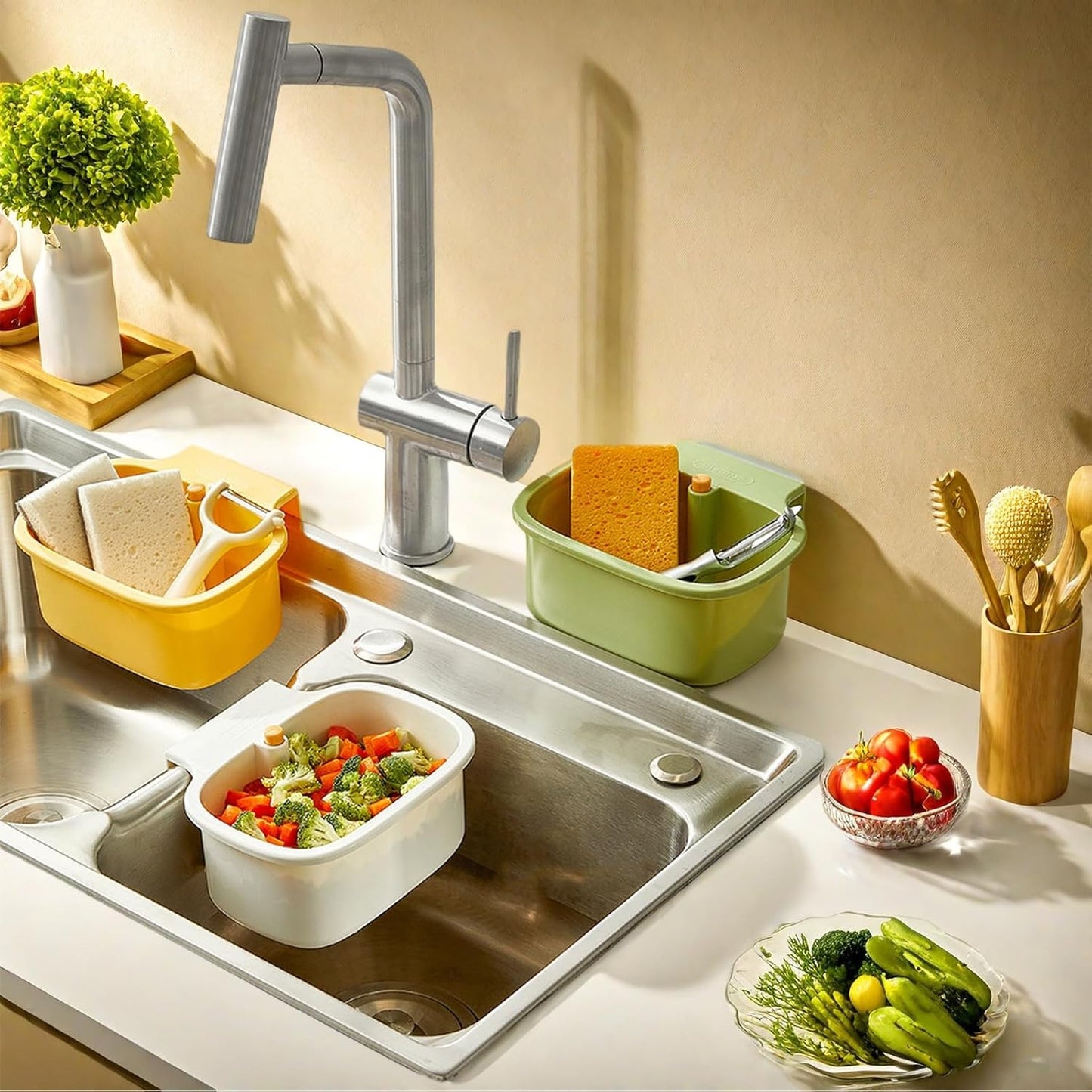 Green Multi-Functional Hanging Food Strainer for Sinks One Touch Release Screen Auto-Dump Kitchen Waste Filter Fruit Vegetable Washer