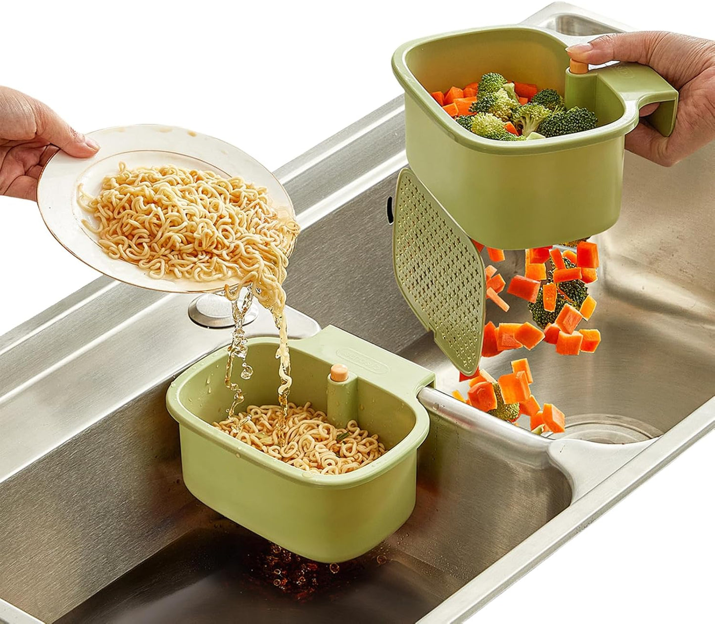 Green Multi-Functional Hanging Food Strainer for Sinks One Touch Release Screen Auto-Dump Kitchen Waste Filter Fruit Vegetable Washer