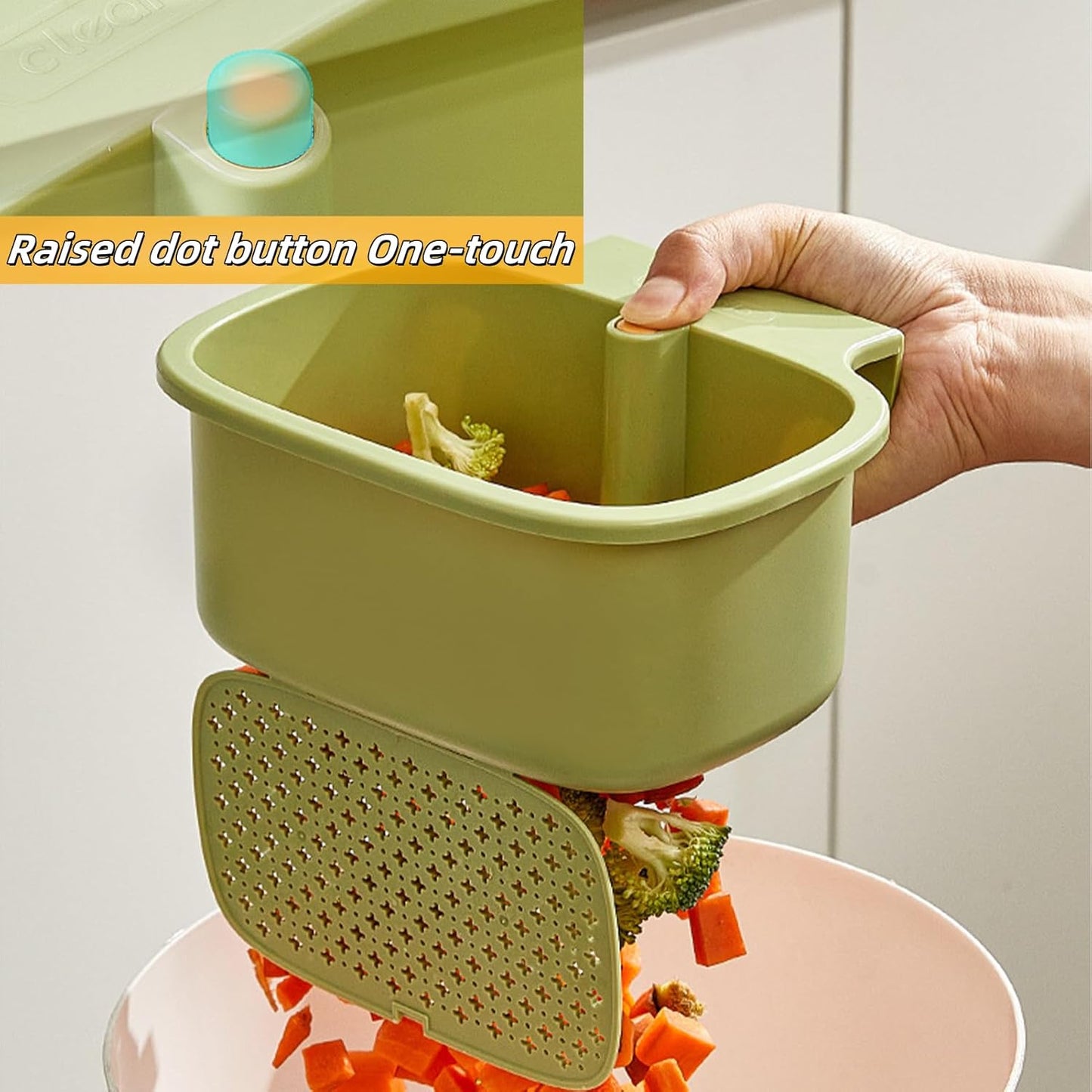 Green Multi-Functional Hanging Food Strainer for Sinks One Touch Release Screen Auto-Dump Kitchen Waste Filter Fruit Vegetable Washer
