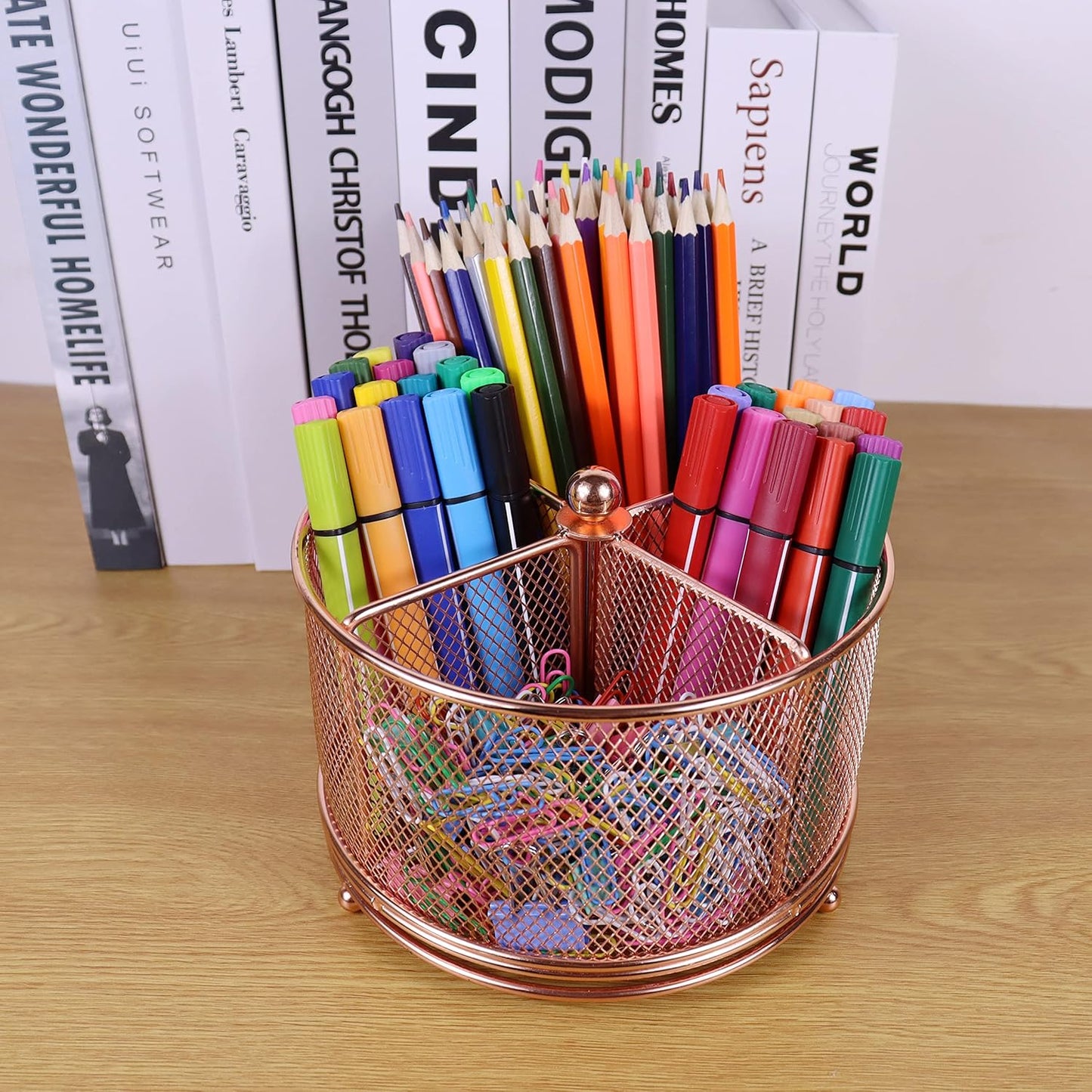 17x17x13cm Rose Gold Metal Mesh Desk Organizer Office Supplies Storage