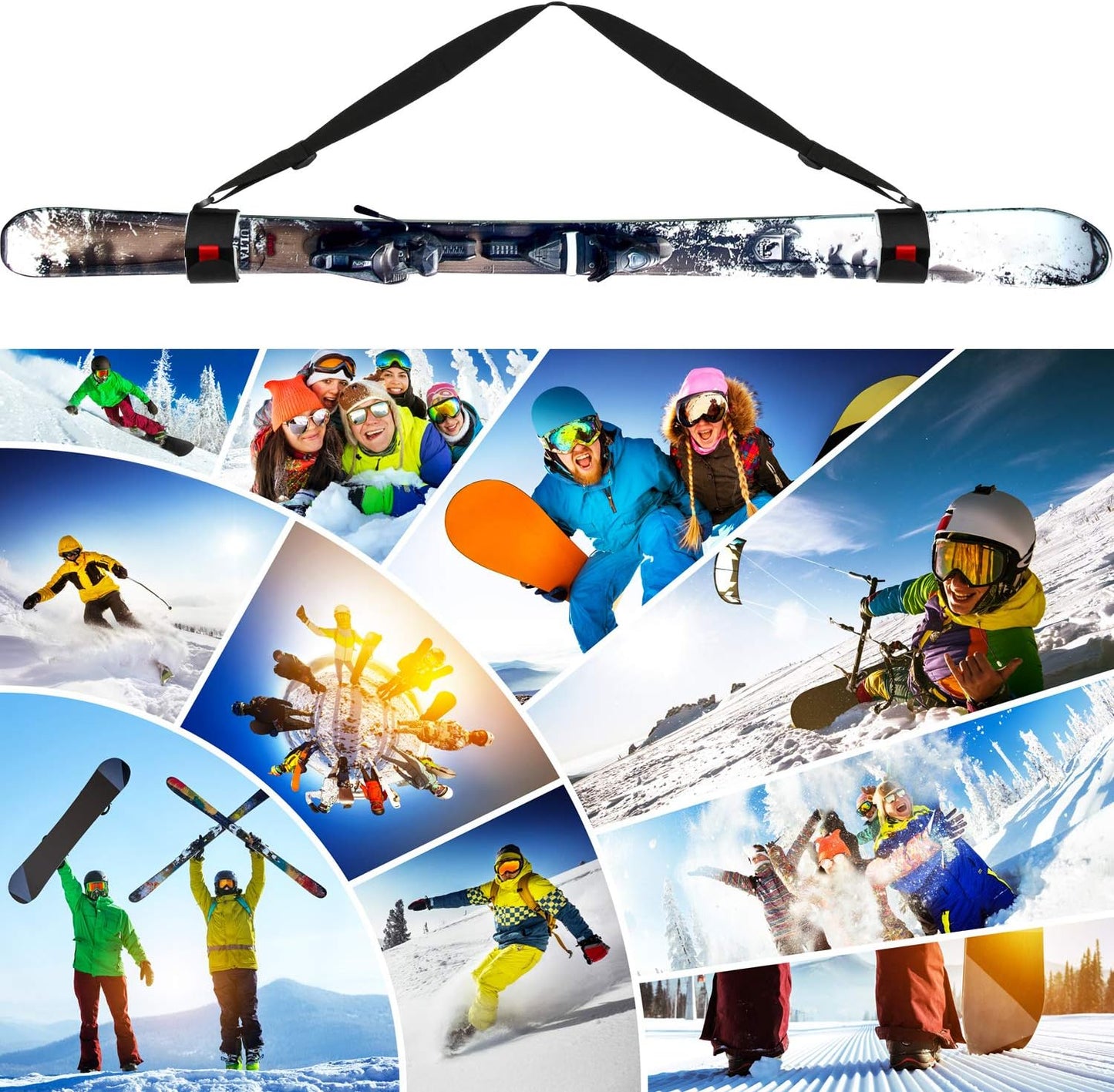 Adjustable Ski Carrier Bag for Skis and Poles - Black (4 Pack)