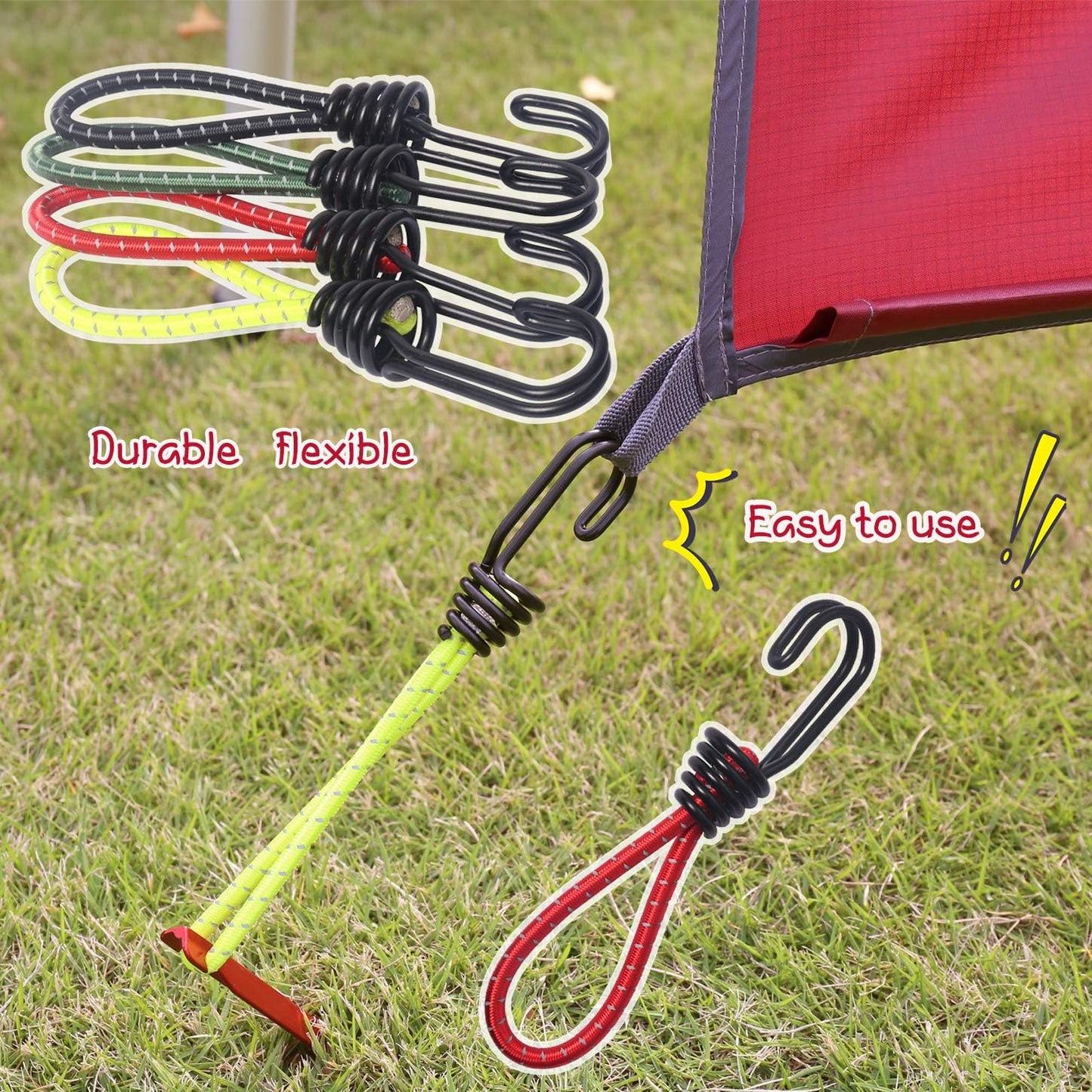 8 Pack DIY Anti-Scratch Hooks with Reflective Cord for 8mm Elastic & Bungee Cord - Ideal for Camping Trailer Bicycle