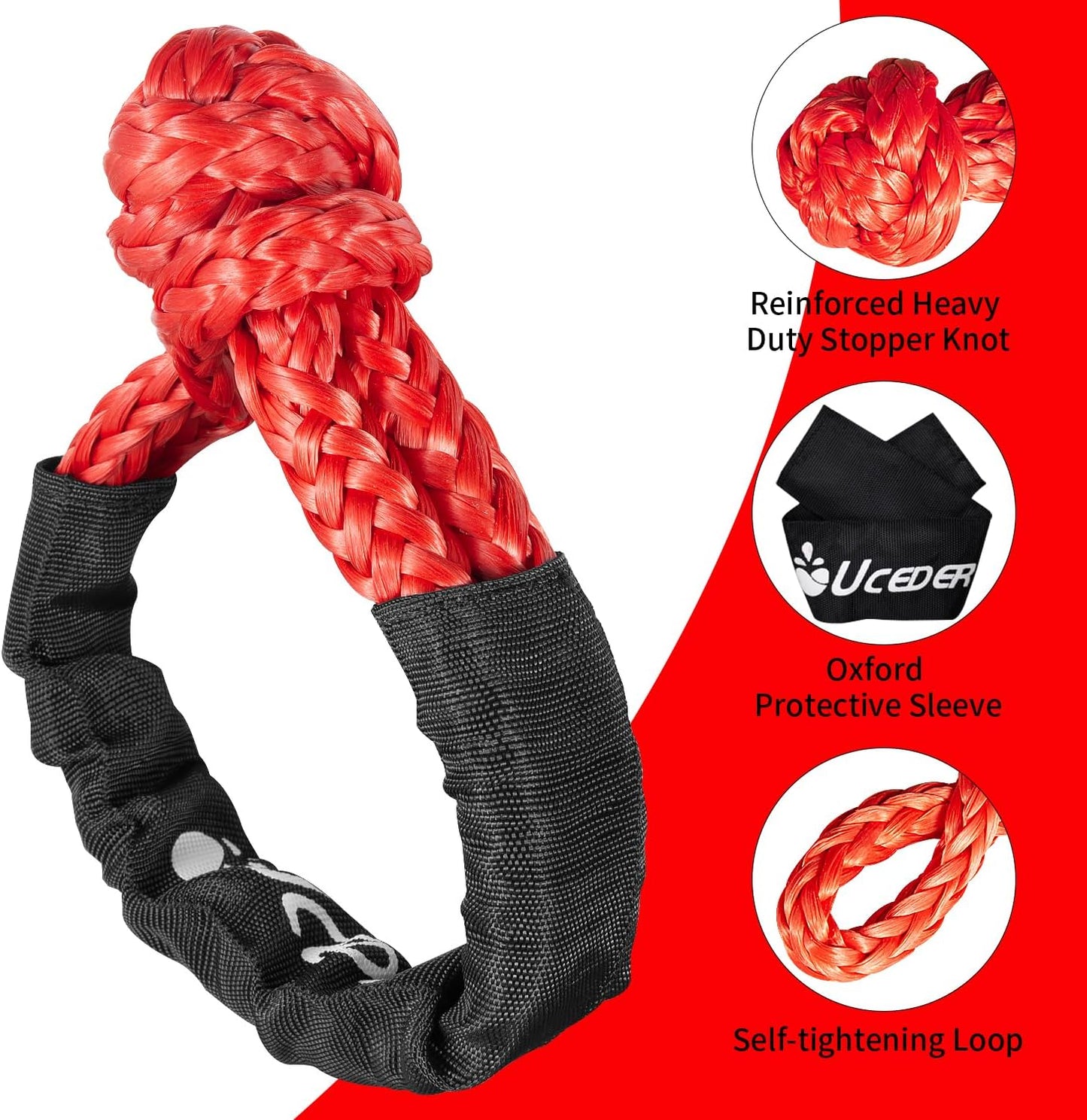 Soft Shackle,Synthetic Shackle Rope Recovery Kit with Extra Protective Sleeves(56,000 lbs Breaking Strength) Heavy Duty Tow Shackles for Off-Road, Truck, Jeep, SUV, UTV, ATV (Red)