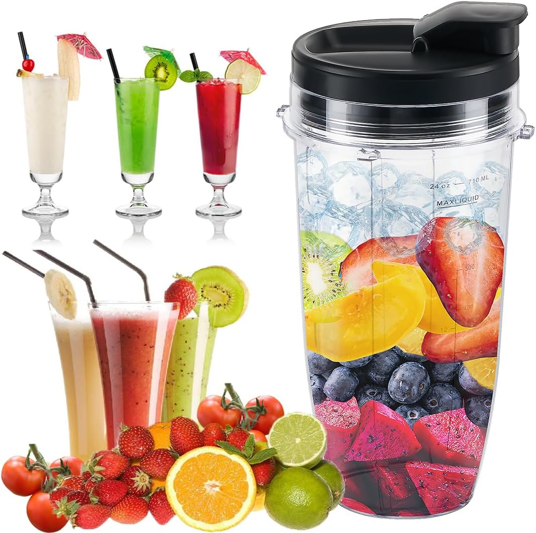 Replacement 24oz Blender Cup with Sip & Seal Lid For Nutri Ninja BL450 BL456 BL480 BL482 BL640 BL642 BL682 BN401 BN751 BN801 Foodi SS101 SS151 SS351 SS401 Ninja Blender Auto IQ Blade, 2-Pack …