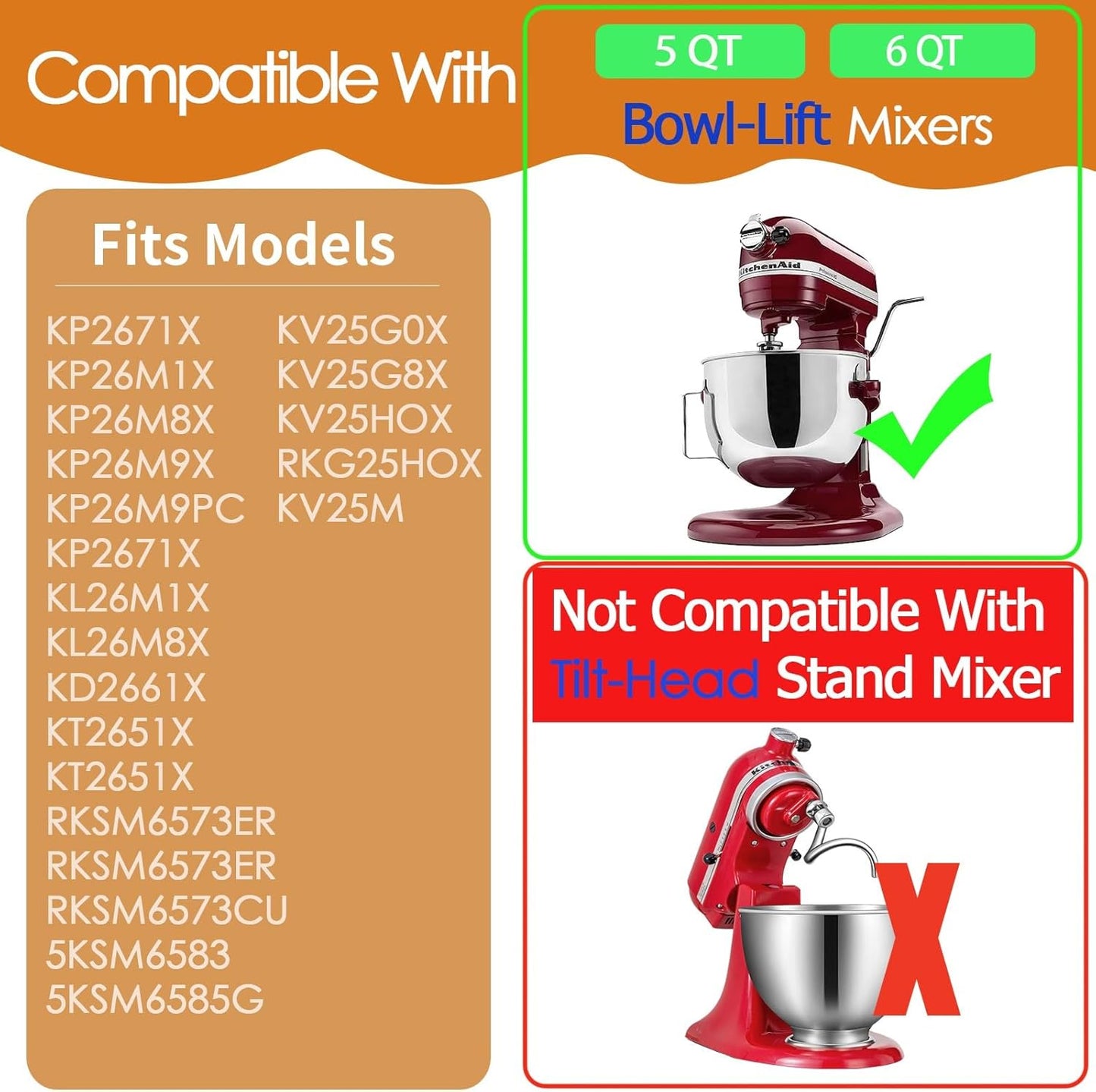 Spiral Coated Dough Hook Attachments for Kitchenaid Stand Mixer Bowl-Lift, Metal Dough Hooks Fits Models KV25G0X, KV25G8X, KV25H0X, KP26M1X, KP26M8X, KL26M8X