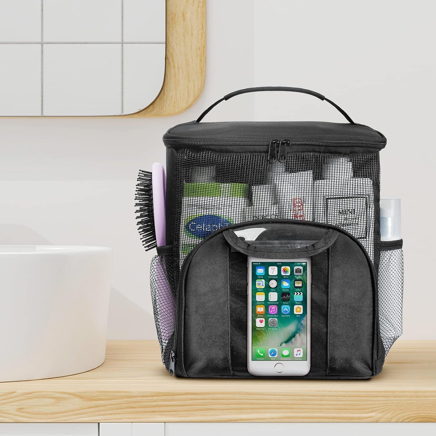 Mesh Shower Caddy Portable Dorm Tote Bag, Quick Dry Hanging Toiletry Bag, Large Capacity Shower Bag for College Dorm Room Essentials for Boys and Girls for Bath Camping (Black)