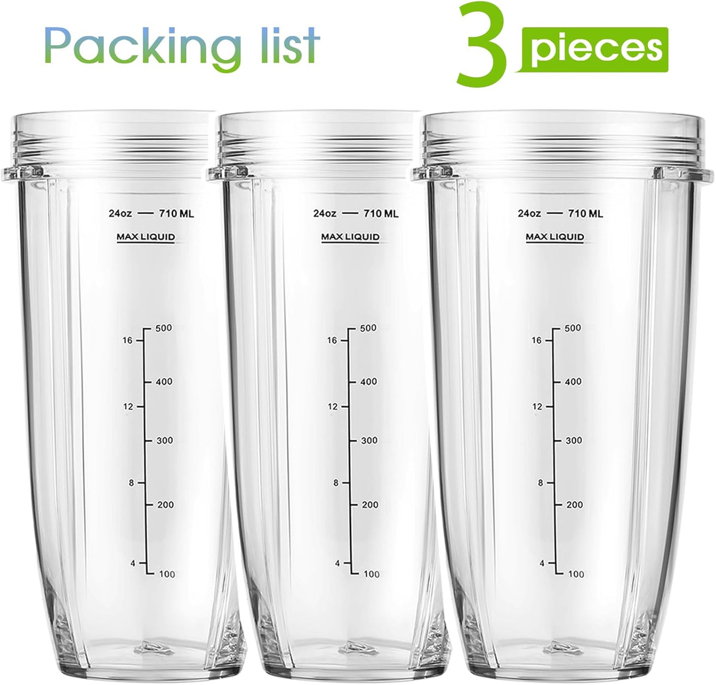 3-Pack 24oz Ninja Blender Cups, Blender Replacement Parts Compatible with Ninja Auto-iQ Series Blenders BL480 BL481 BL482 BL640 BL682 BL2012 BN801